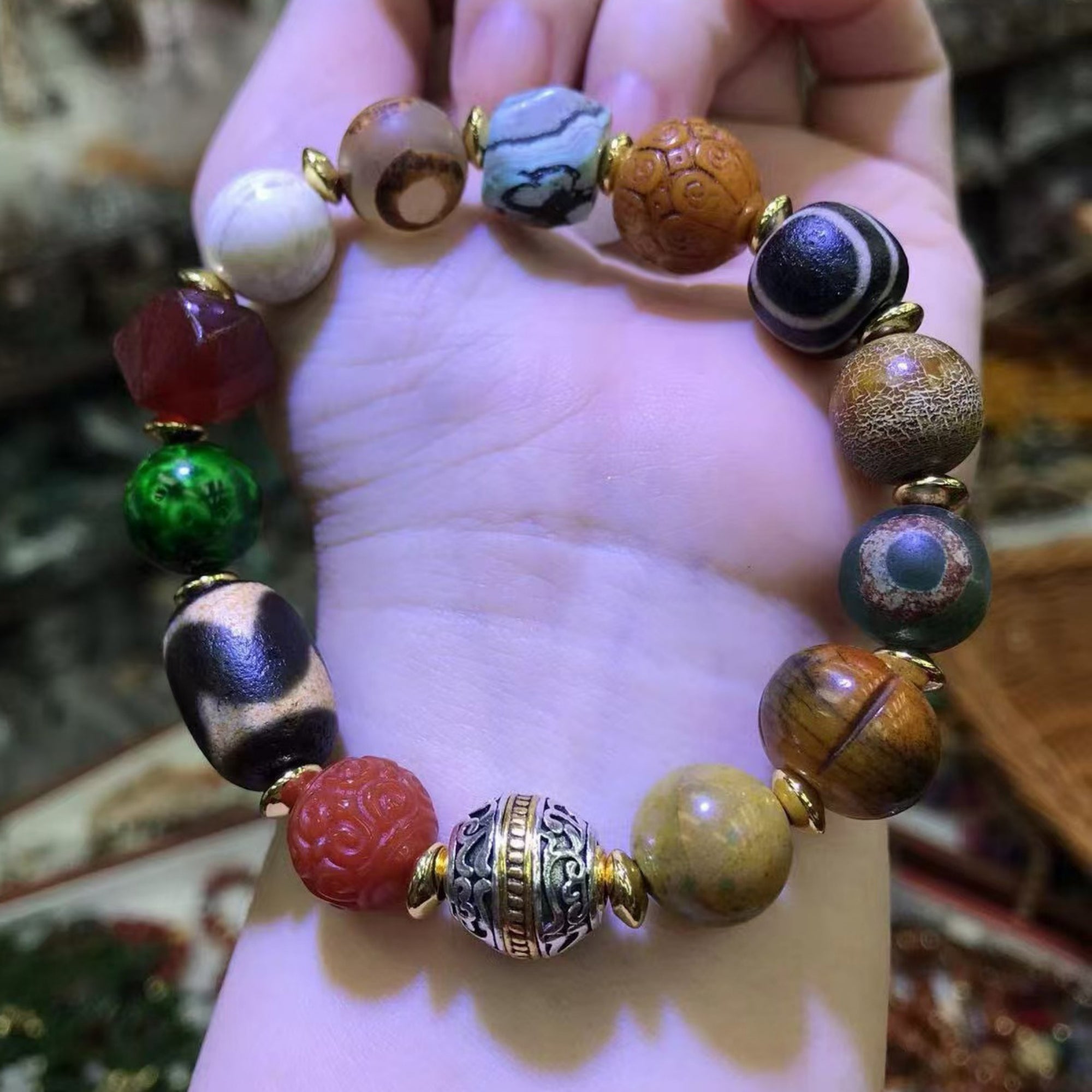 Tibetan Yak Bone Bead Silver Amulet Bracelet