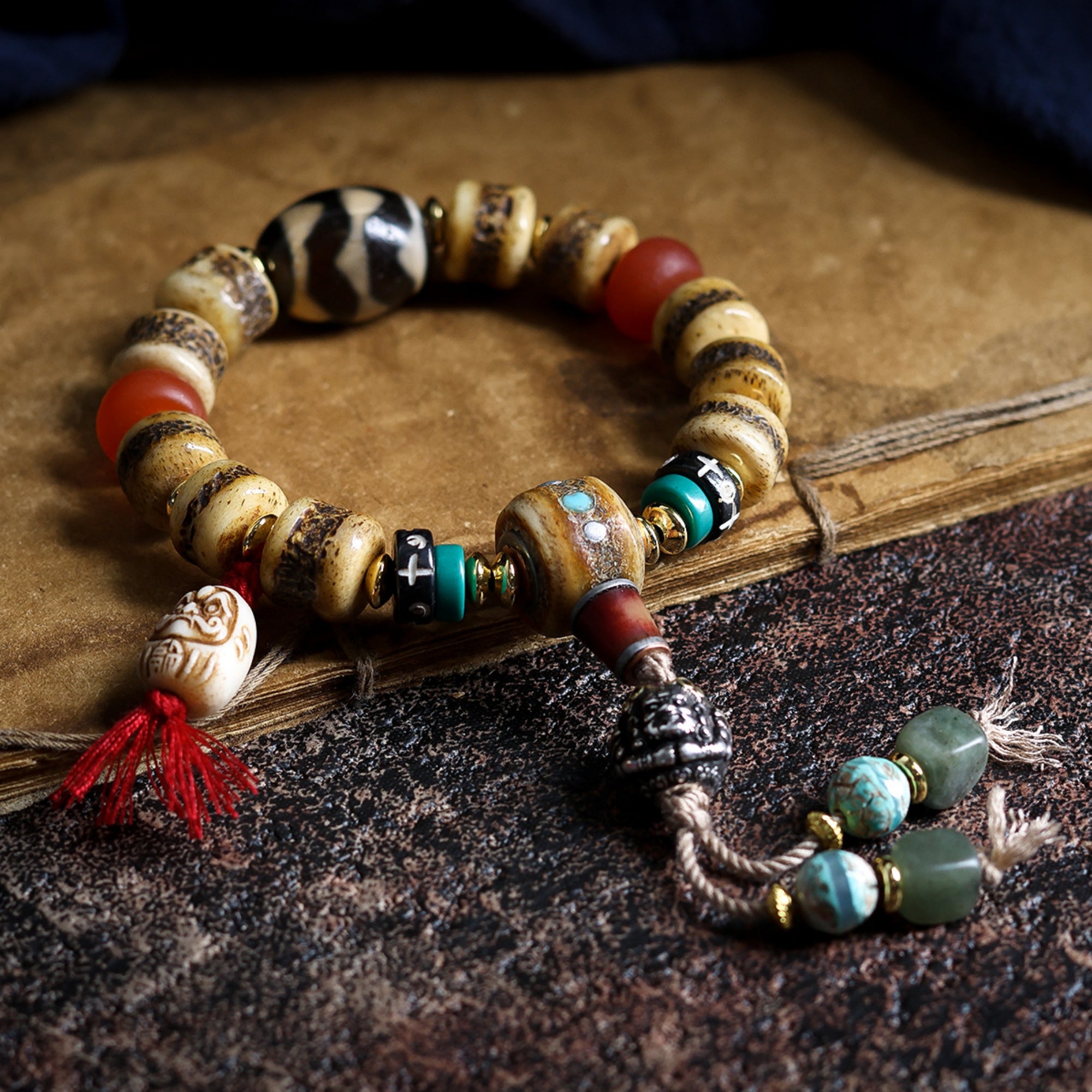 Tibetan Yak Bone Prayer Bead Carved Bracelet
