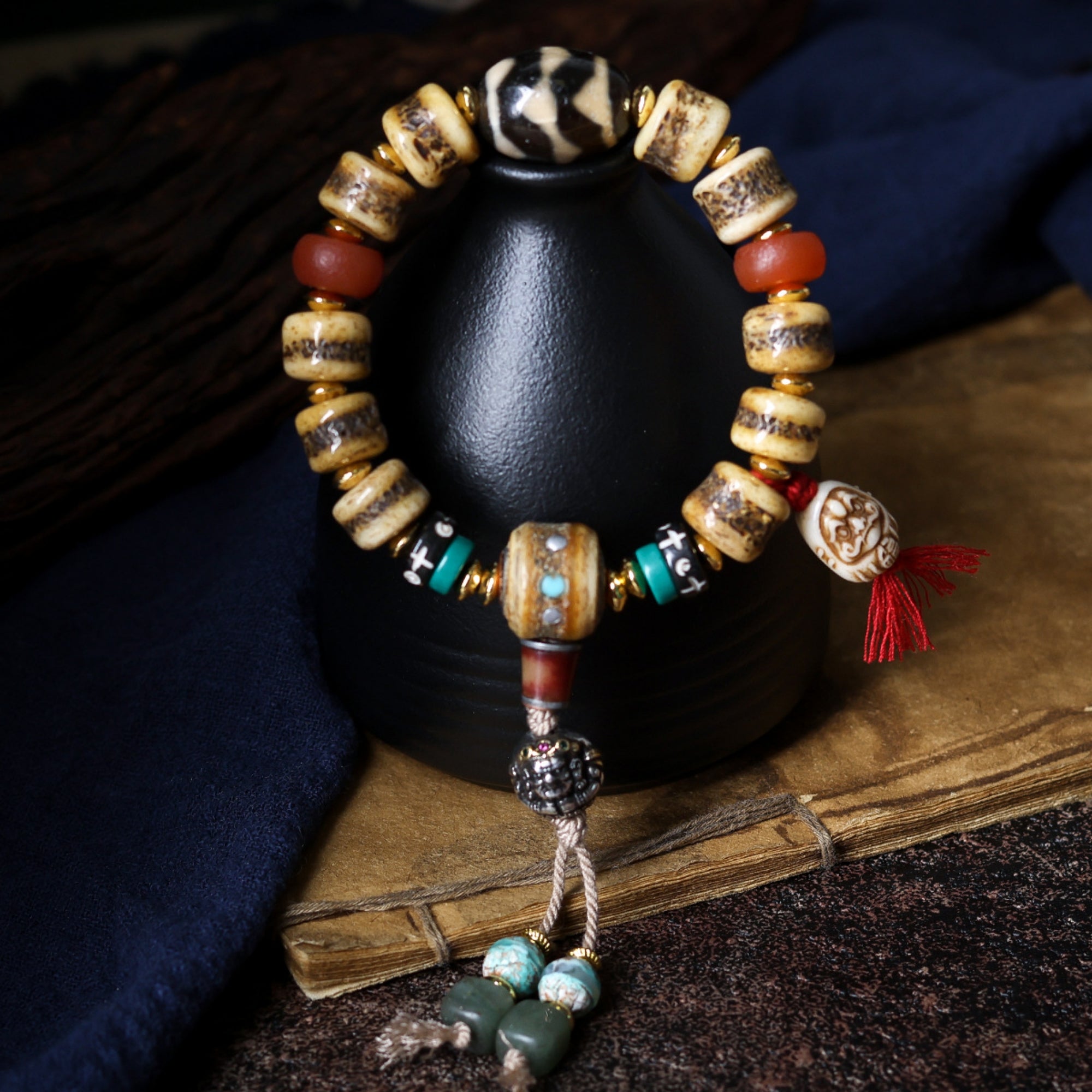 Tibetan Yak Bone Prayer Bead Carved Bracelet