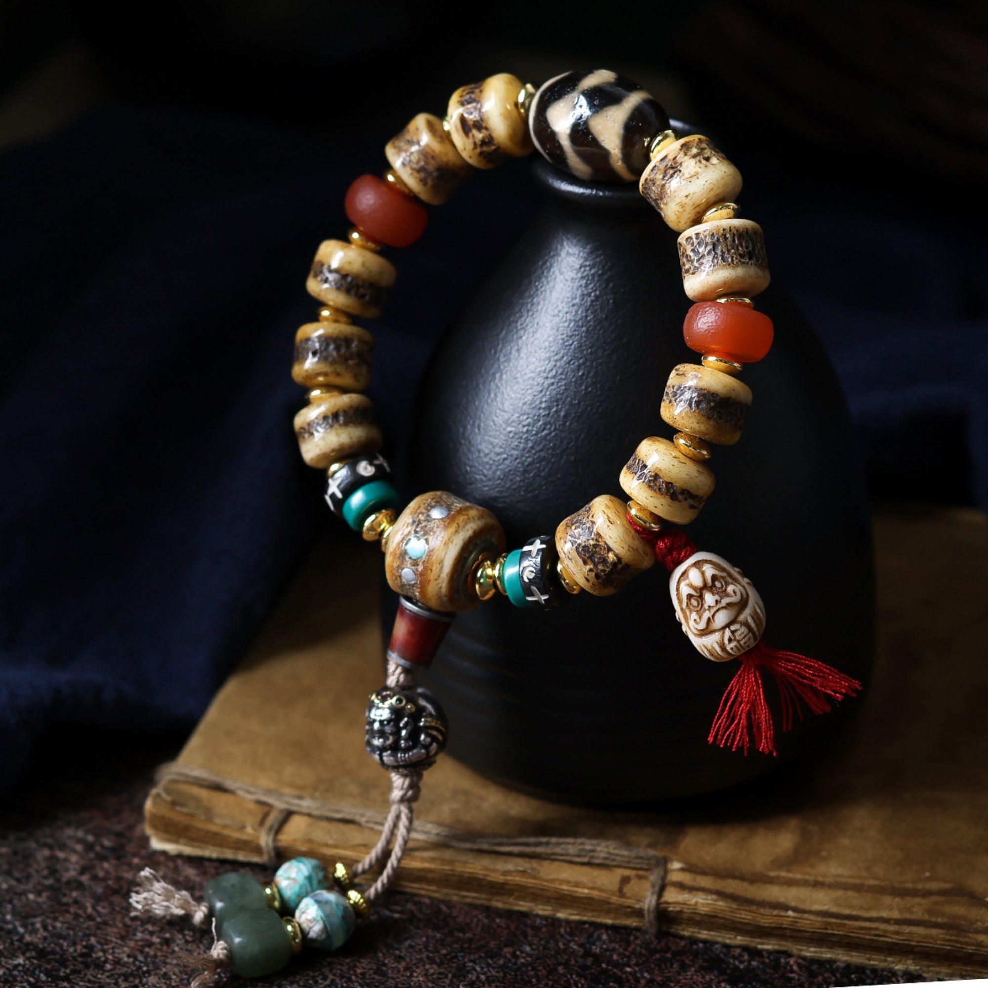 Tibetan Yak Bone Prayer Bead Carved Bracelet