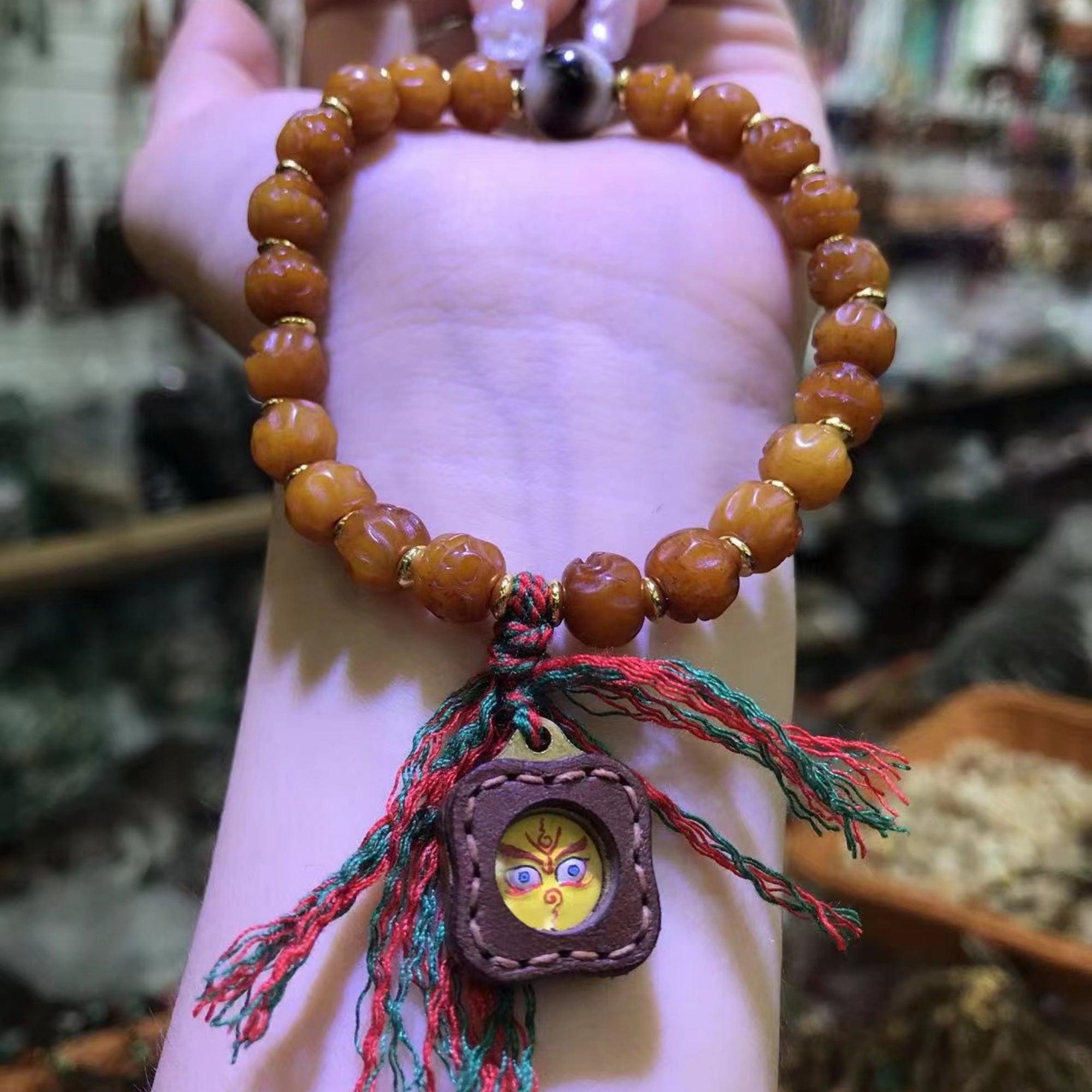Tibetan Yak Bone Prayer Bead Thangka Bracelet