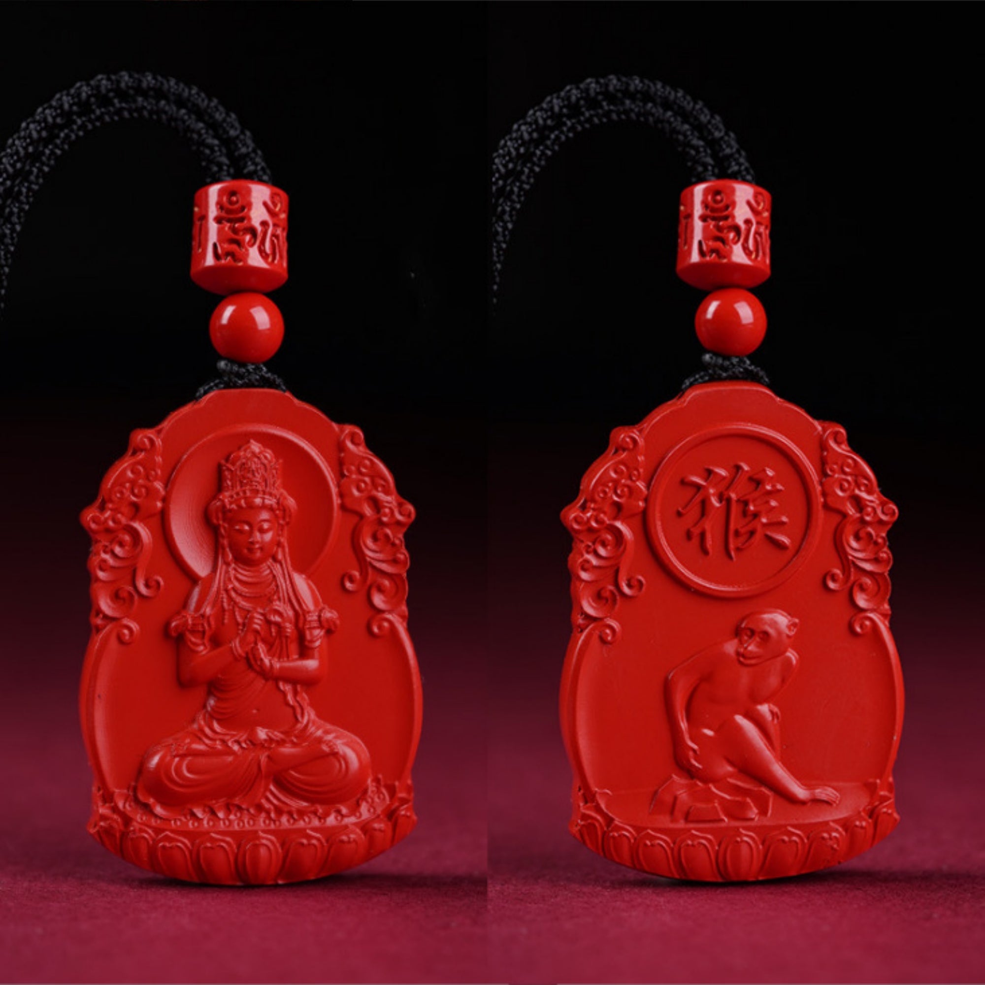 QiLing Aura Hand-Carved Zodiac Buddha Pendant Necklace in Cinnabar