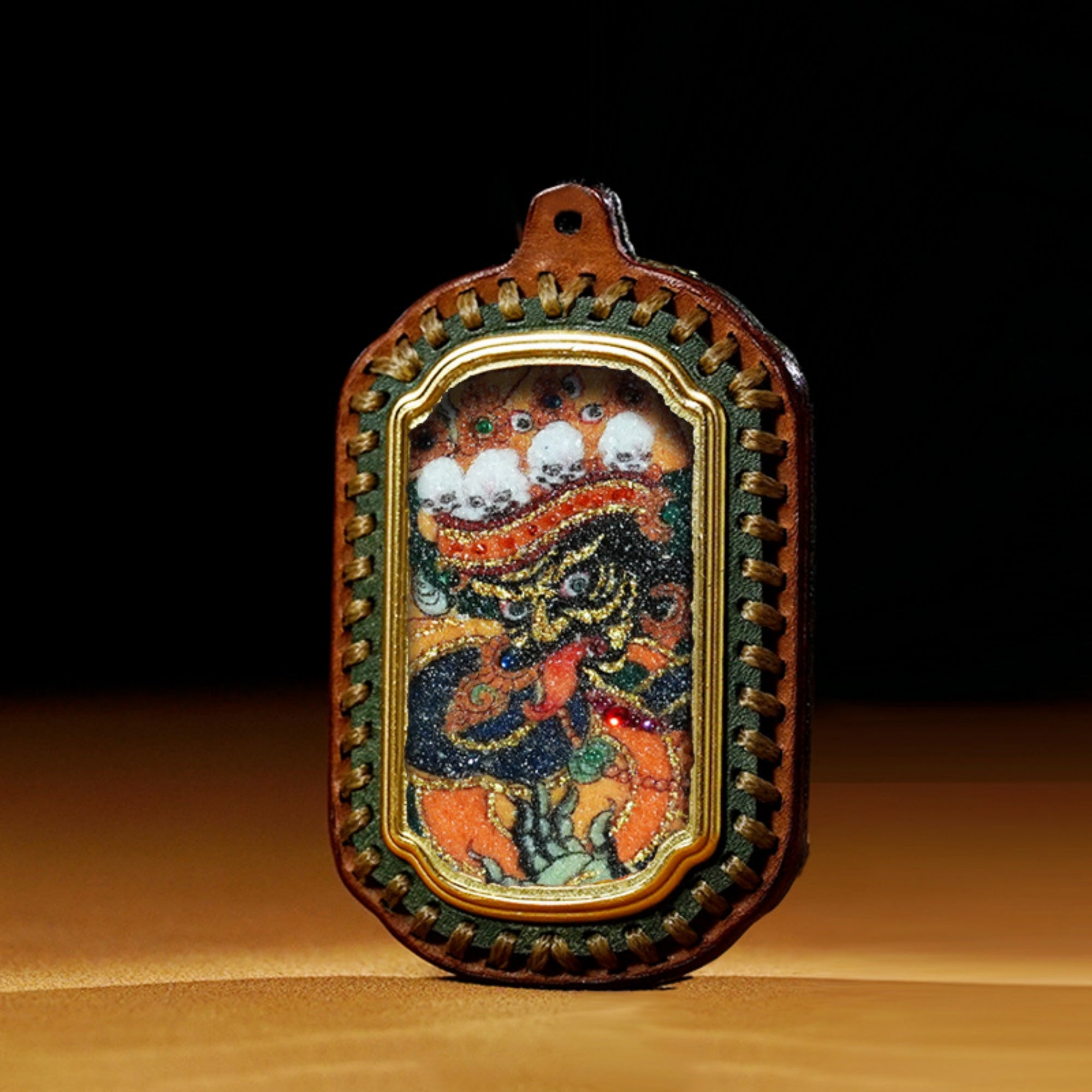 QiLing Aura Tibetan Handmade Gemstone Thangka Buddha Pendant Necklace