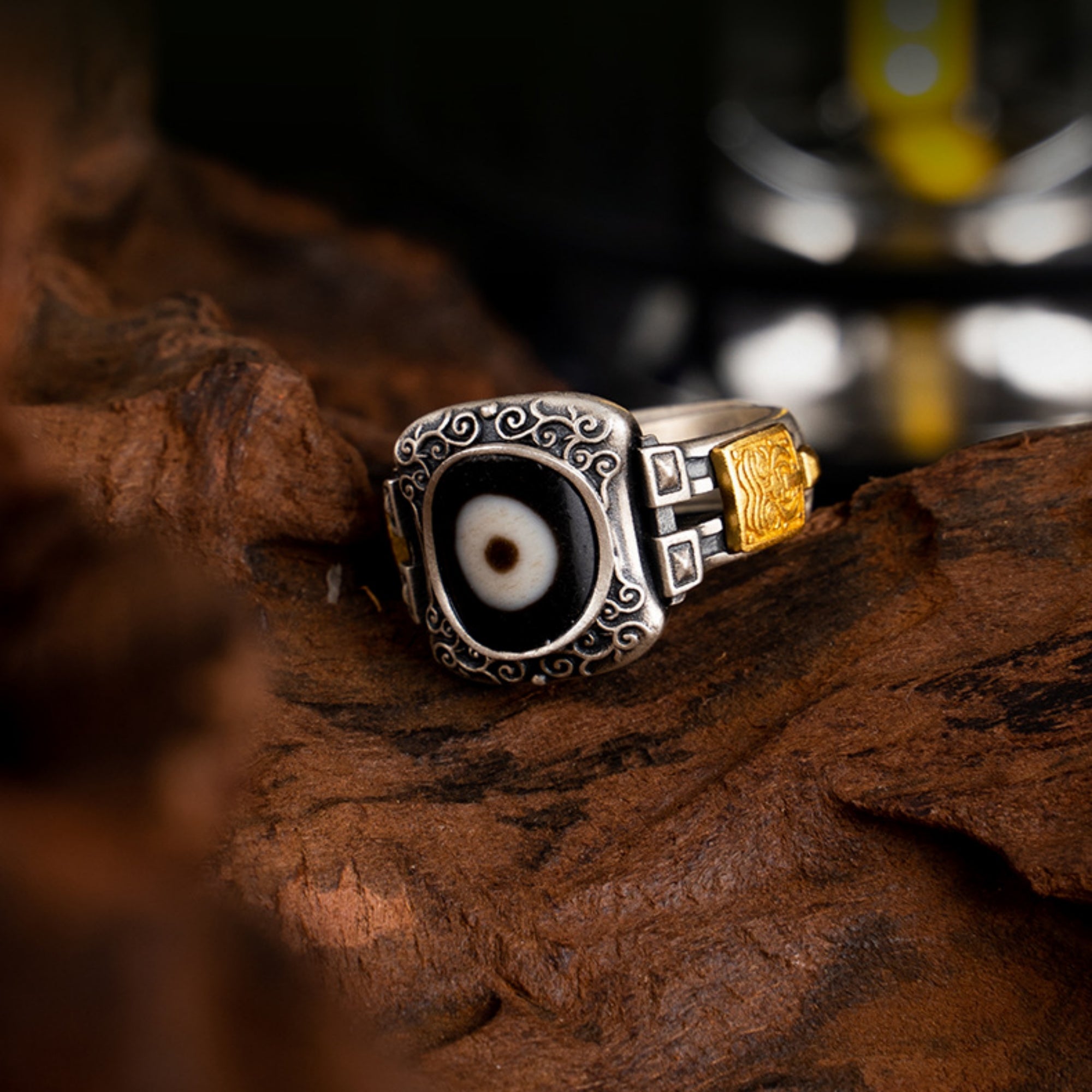 Zakiram Sterling Silver dzi beads Tibetan Buddhist Ring