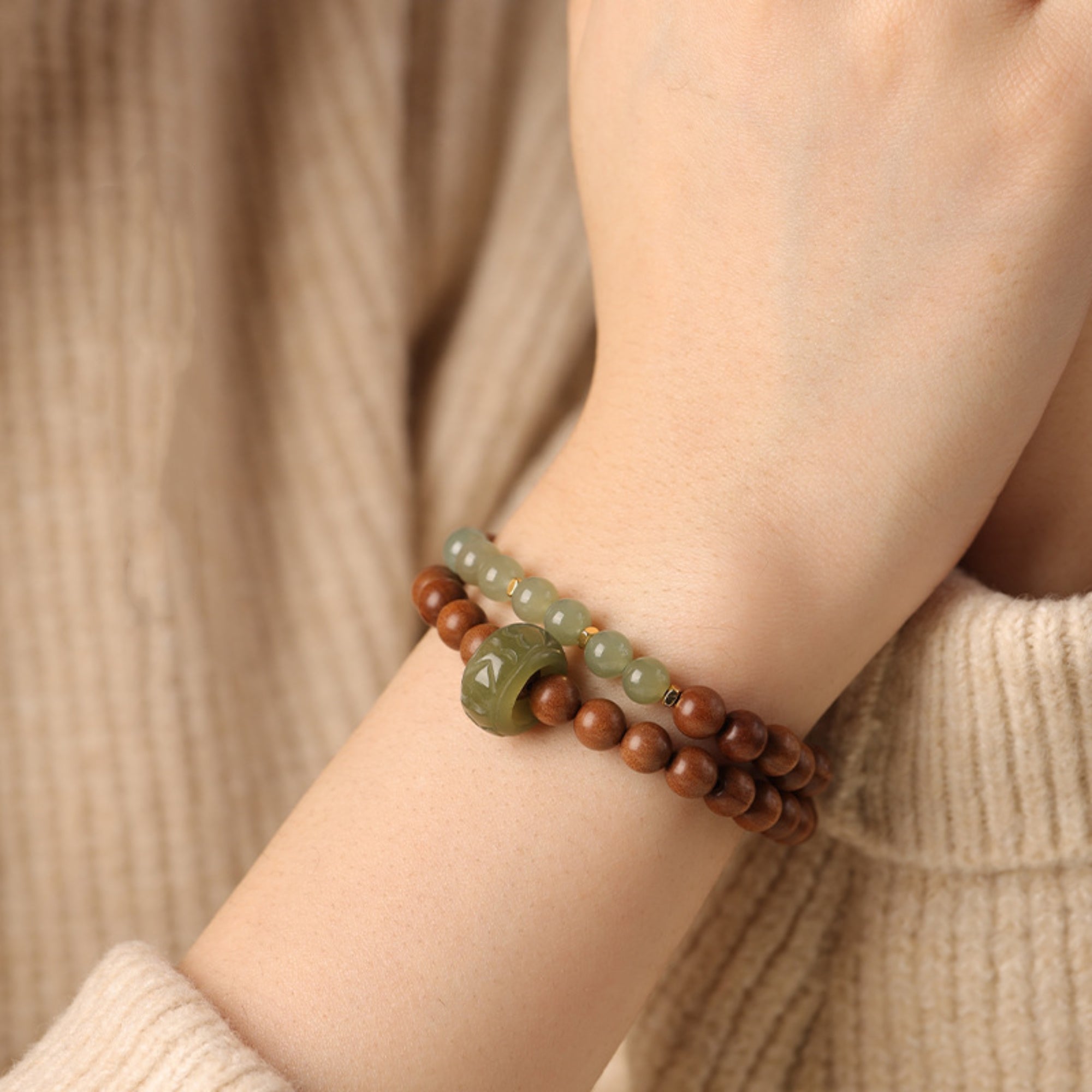 Zen Harmony Hetian Jade & Sandalwood Mala Bracelet