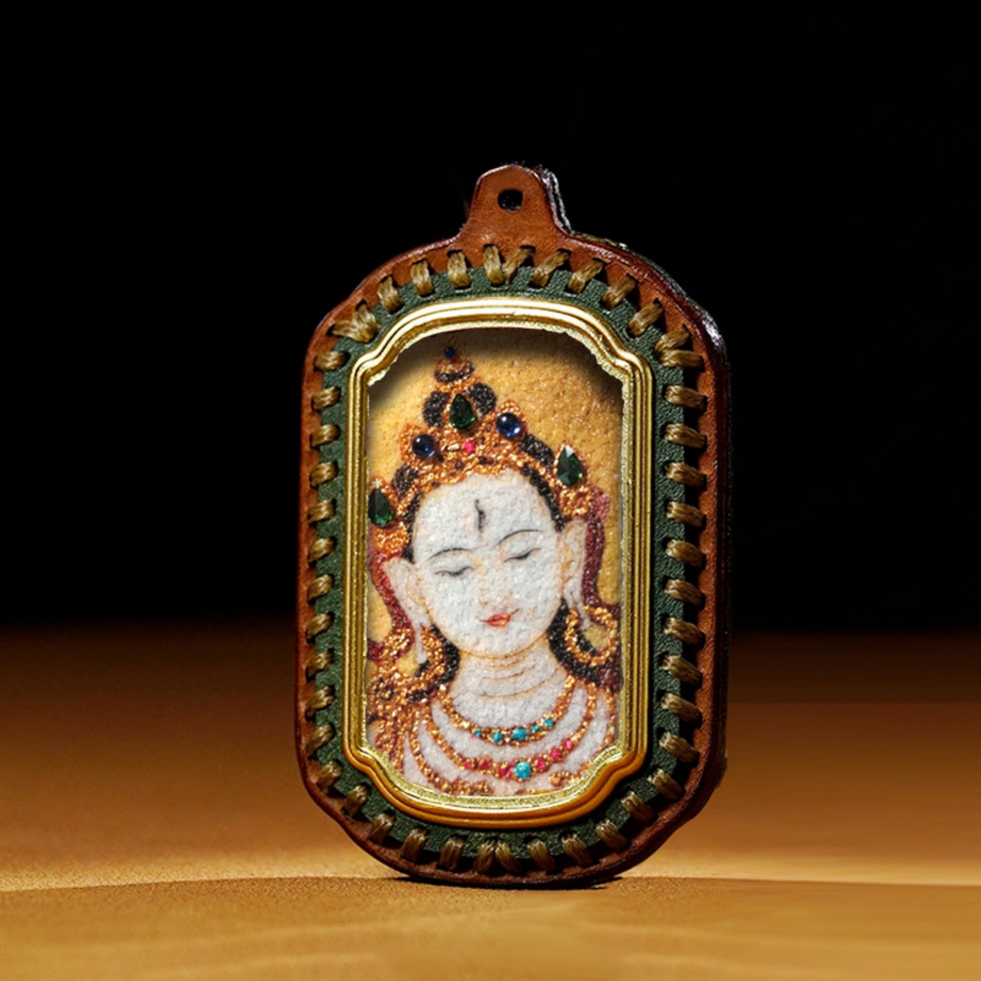 QiLing Aura Tibetan Handmade Gemstone Thangka Buddha Pendant Necklace