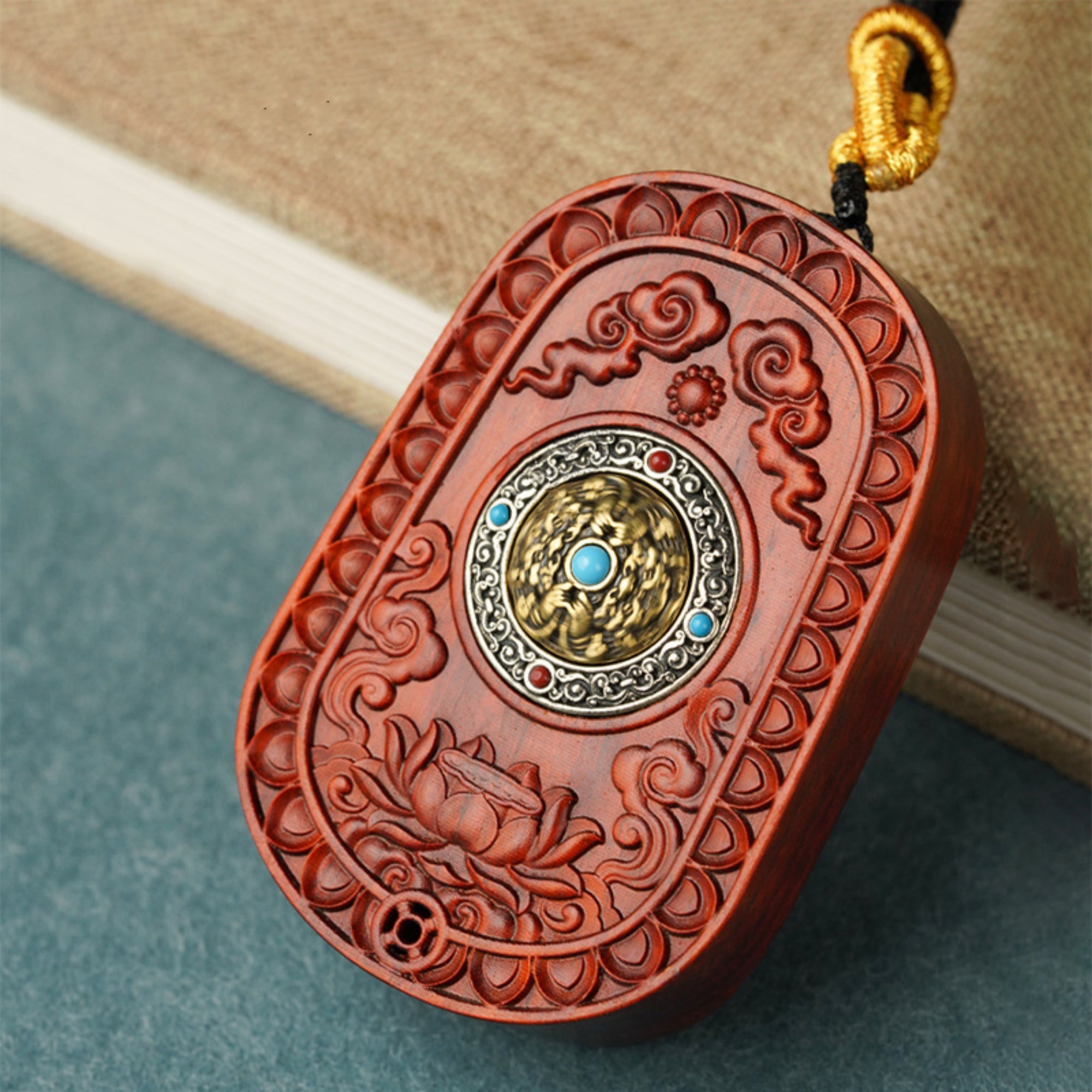 QiLing Aura Hand-Carved Sandalwood Guanyin Buddha Pendant Necklace