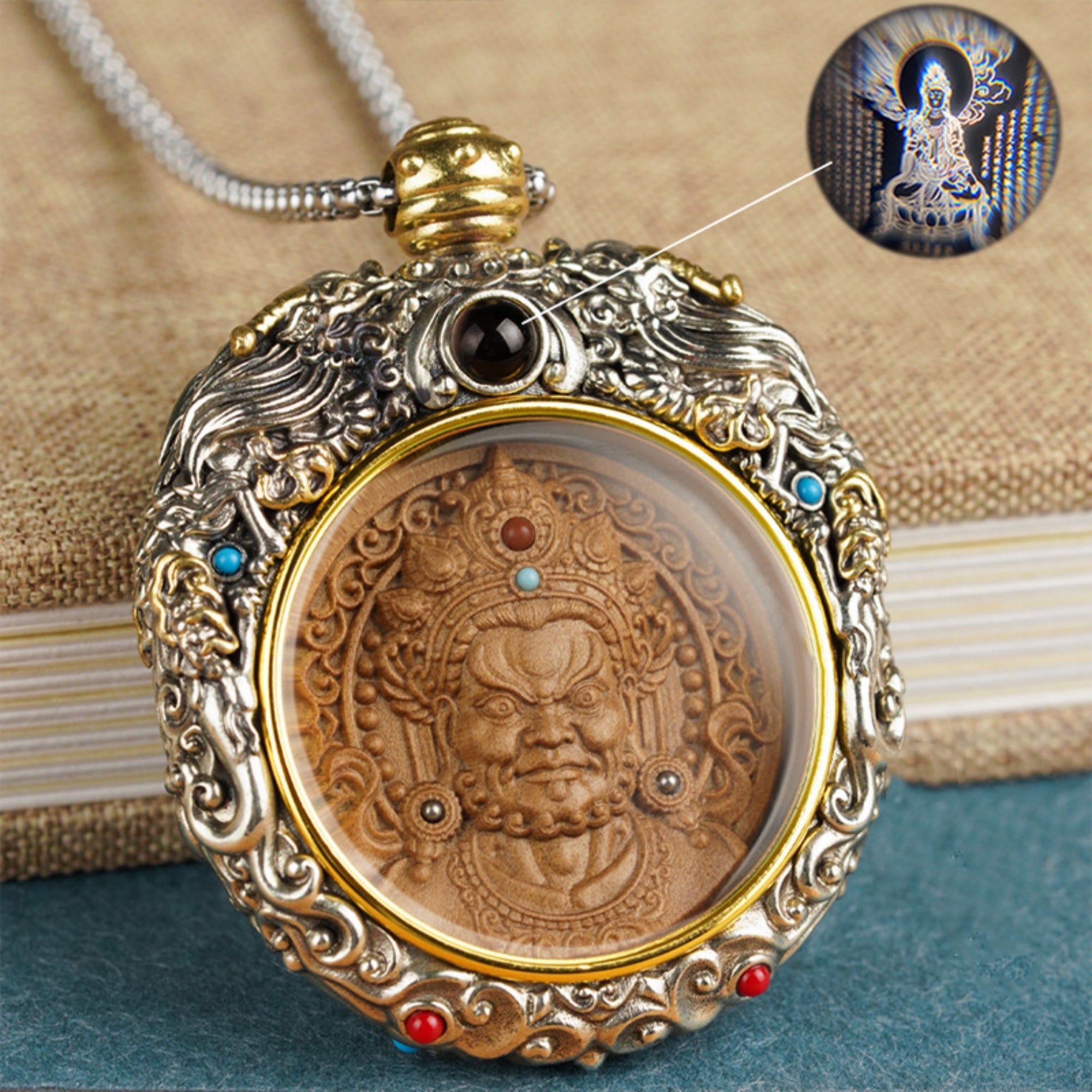 QiLing Aura Hand-Carved White Copper and Tibetan Silver Sandalwood Buddhist Pendant