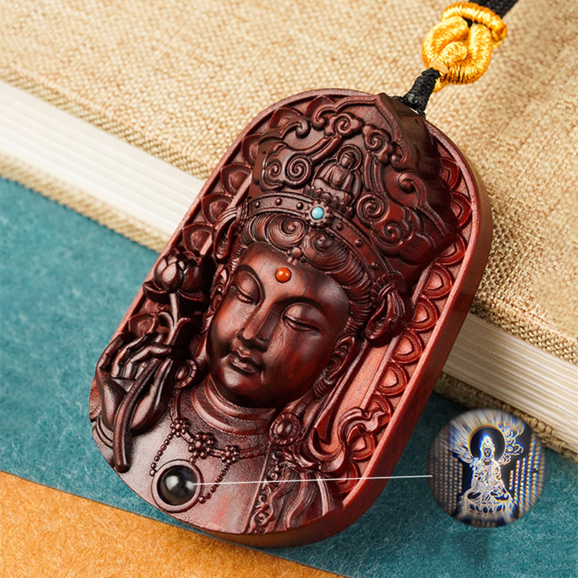 QiLing Aura Hand-Carved Sandalwood Guanyin Buddha Pendant Necklace