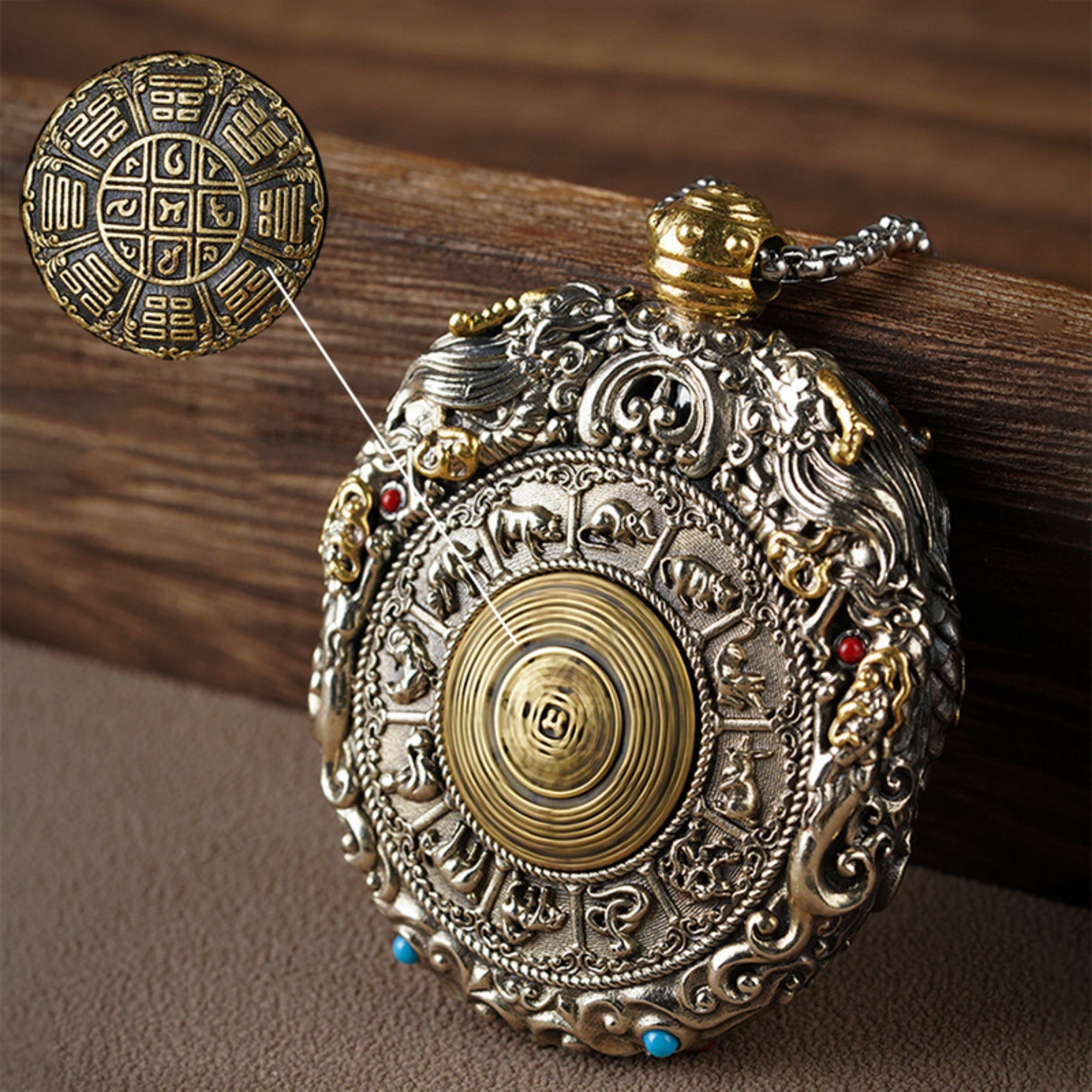 QiLing Aura Hand-Carved White Copper and Tibetan Silver Sandalwood Buddhist Pendant