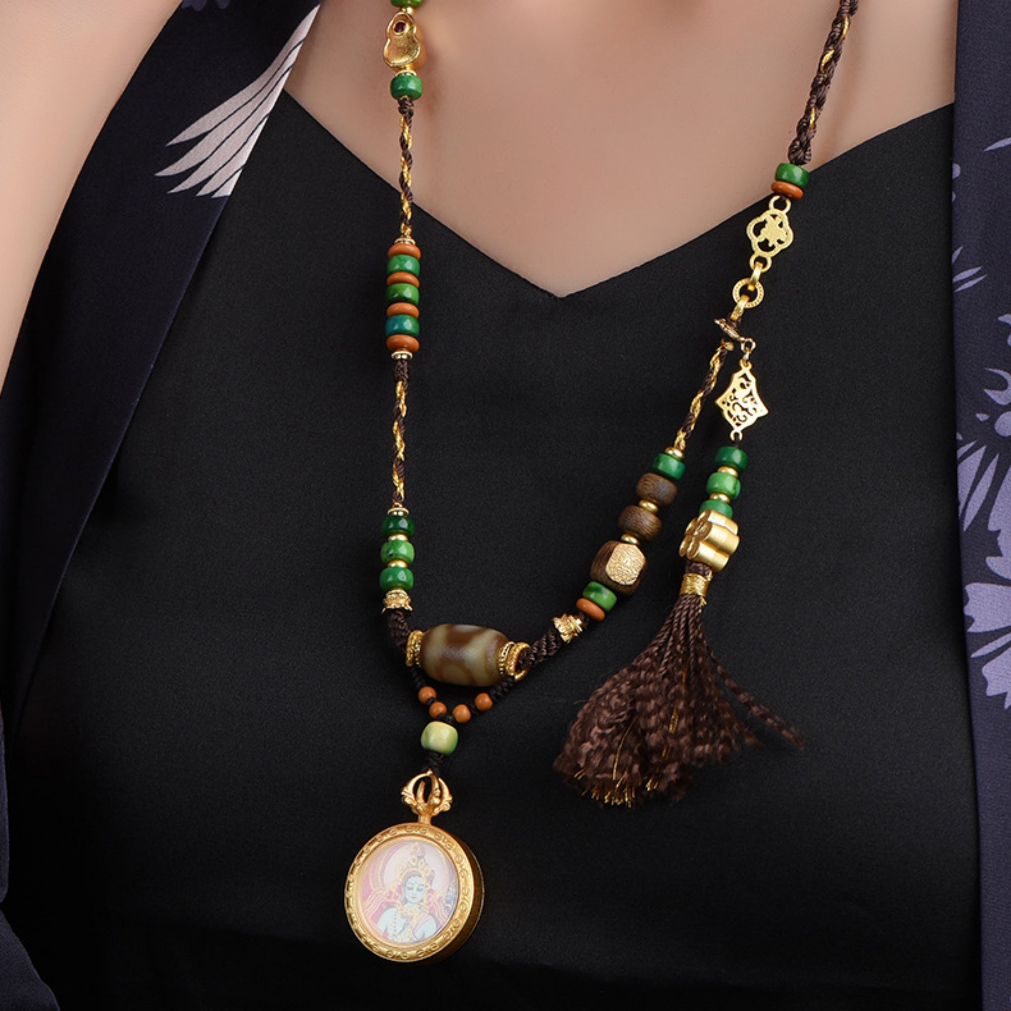 QiLing Aura Handcrafted Green Tara Thangka Necklace