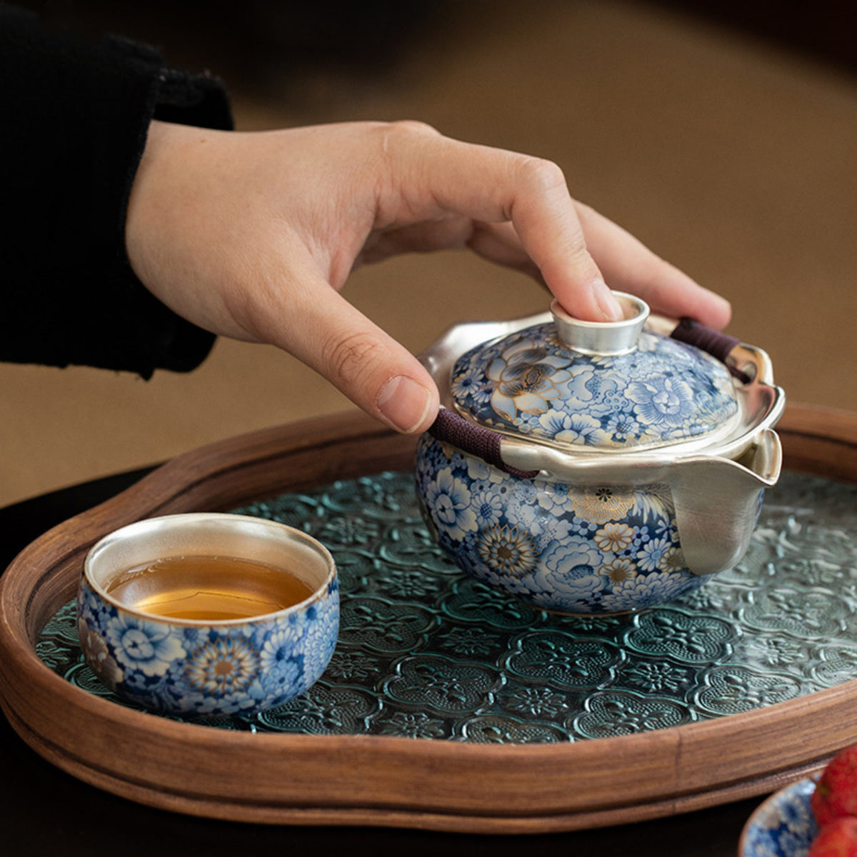 QiLing Aura Handmade Floral Silver-Plated Ceramic Tea Set