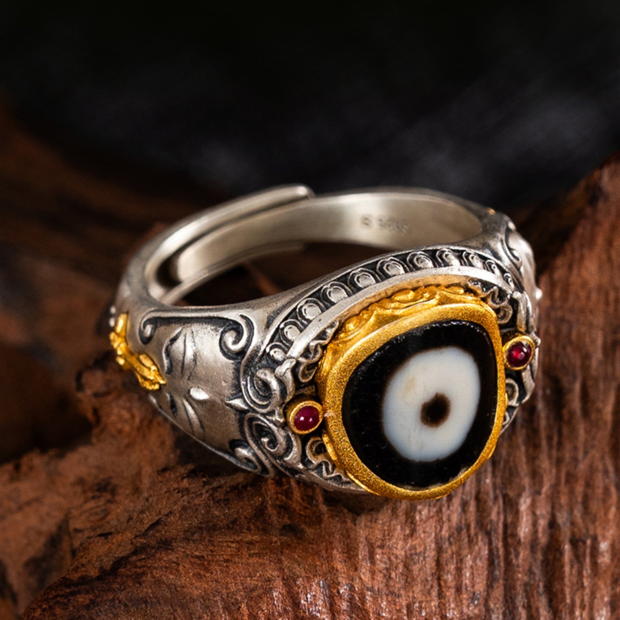 Tibetan Manjushri Dzi Bead Sterling Silver Adjustable Ring