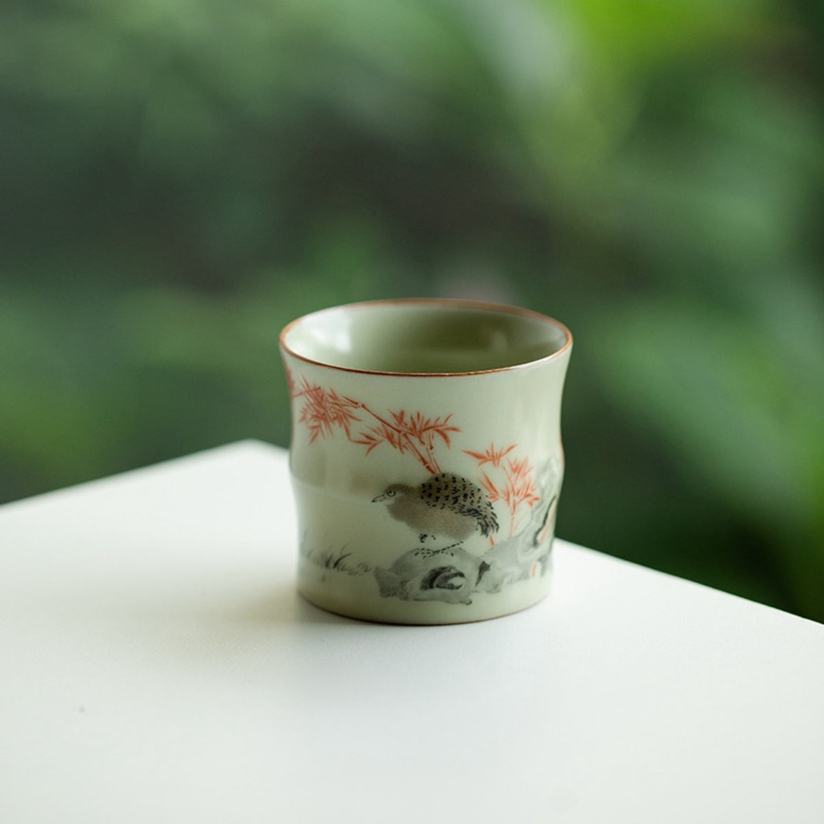 QiLing Aura Handmade Bamboo-Shaped Ru Kiln Ceramic Tea Cup