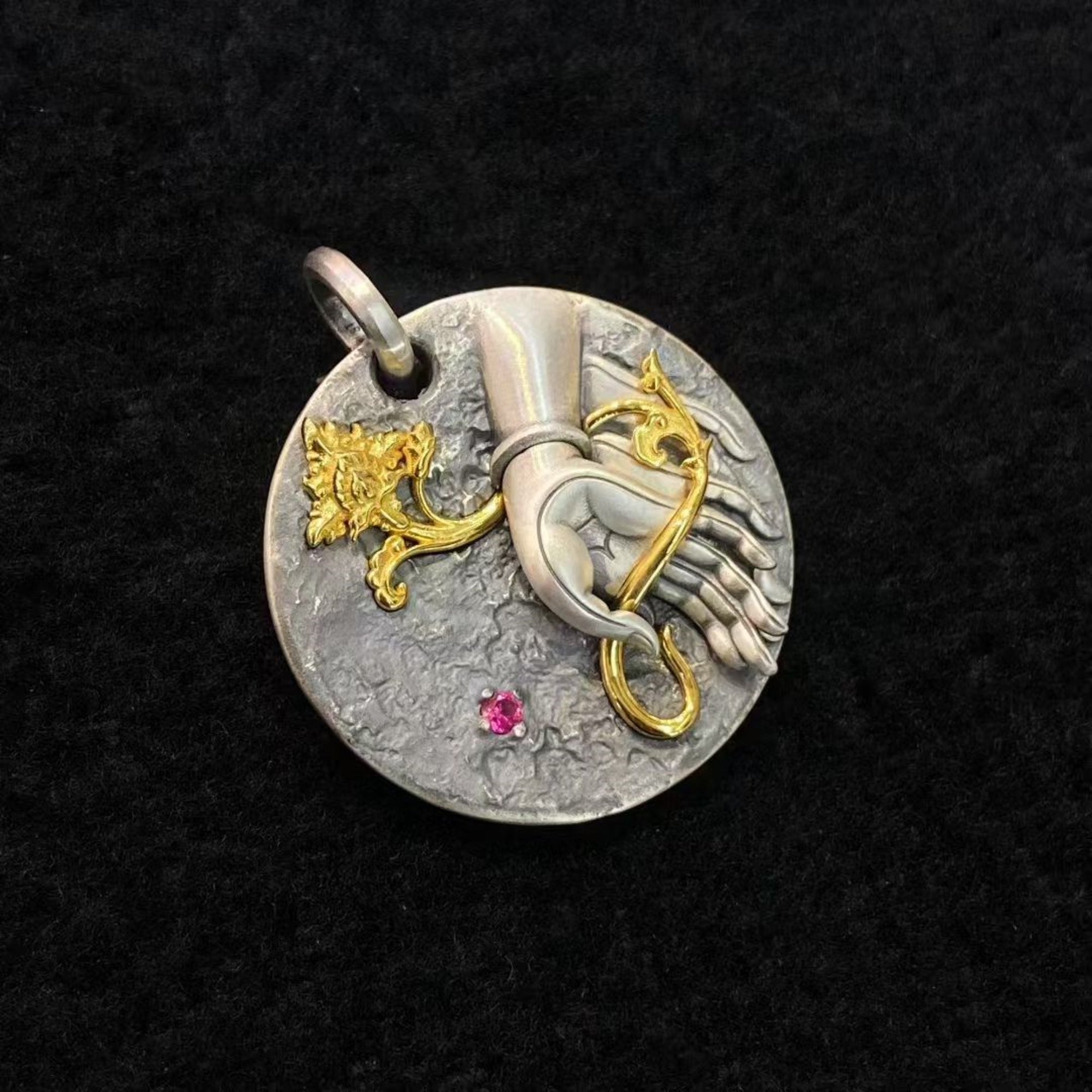 Tibetan Buddha Hand & Lotus Silver Pendant Necklace