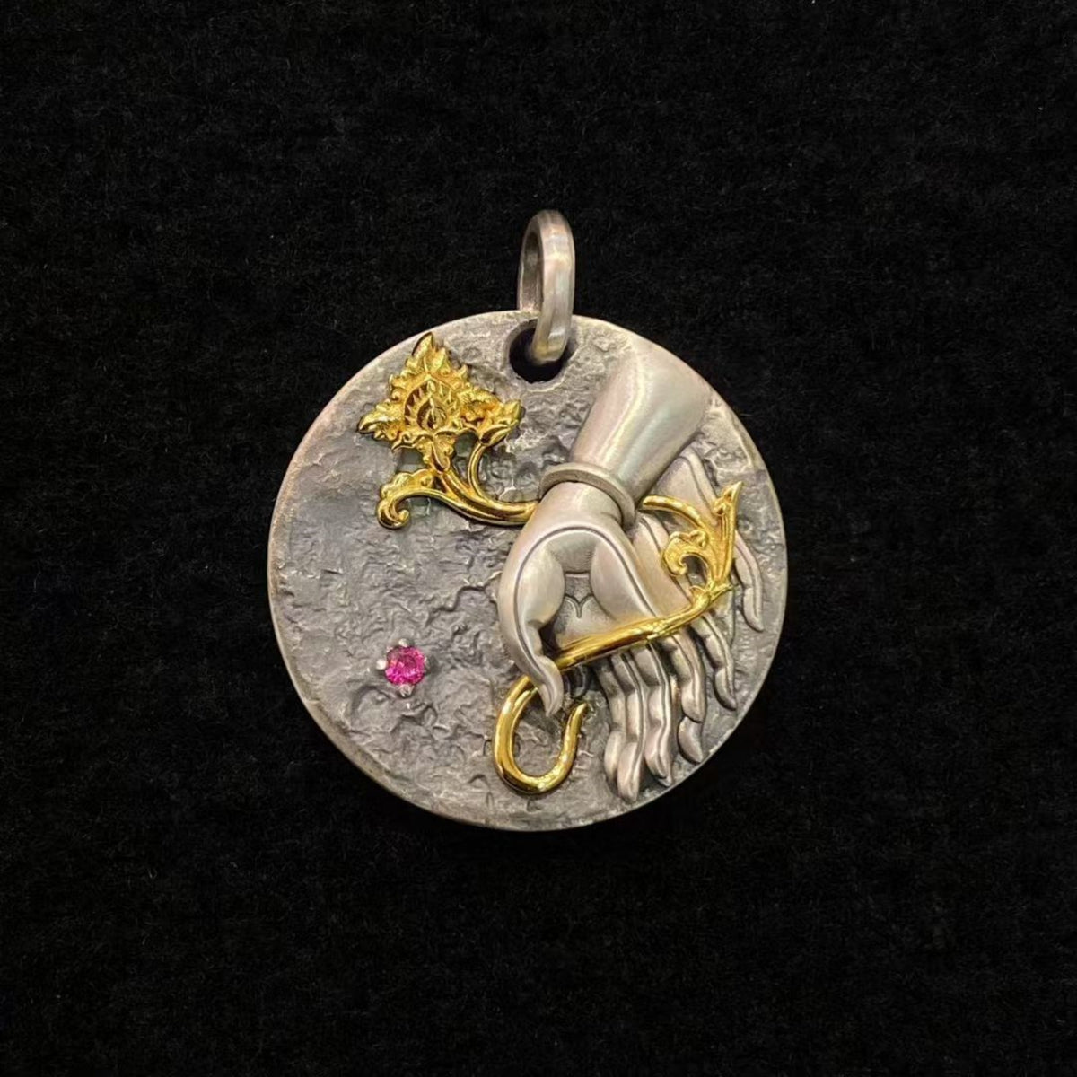 Tibetan Buddha Hand & Lotus Silver Pendant Necklace