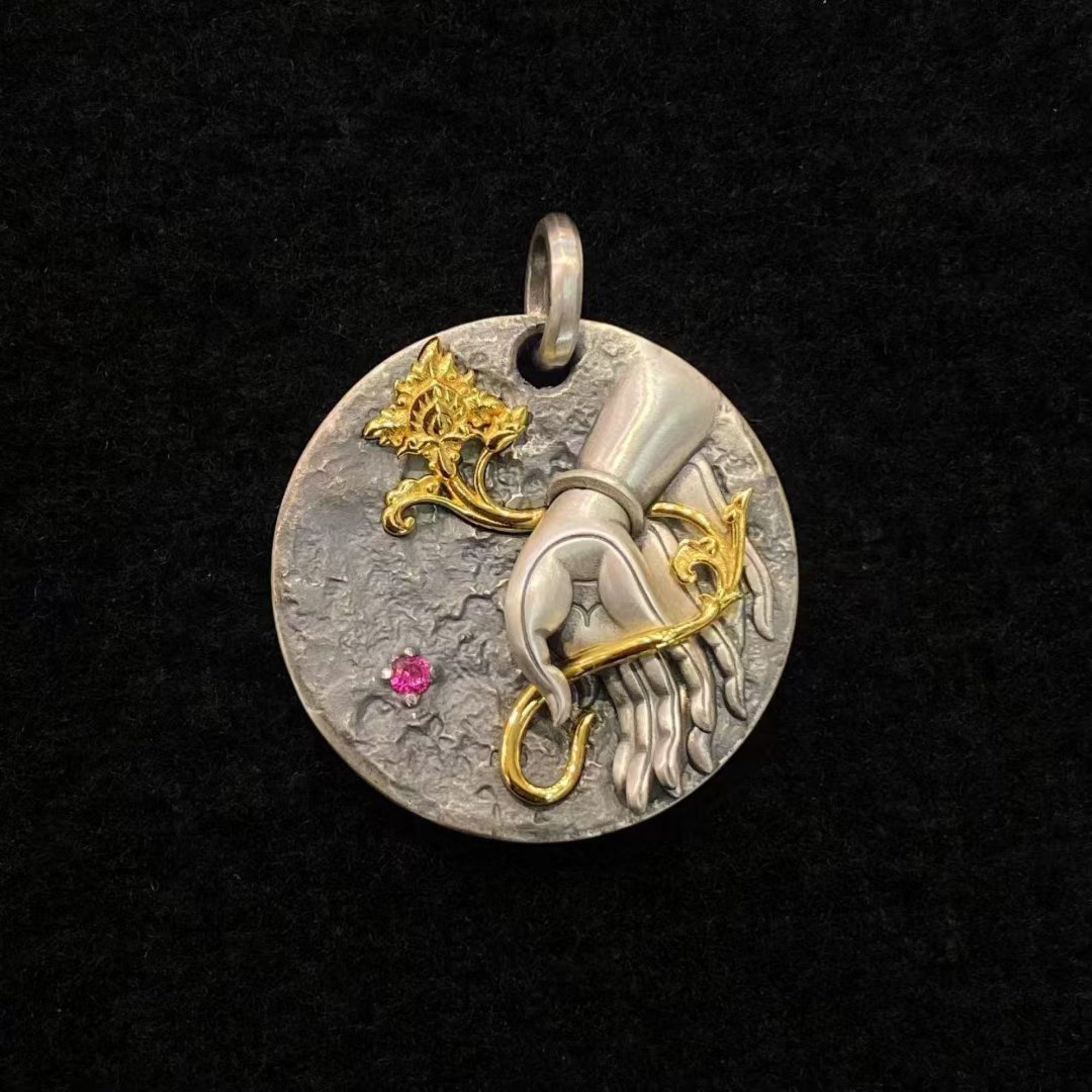 Tibetan Buddha Hand & Lotus Silver Pendant Necklace