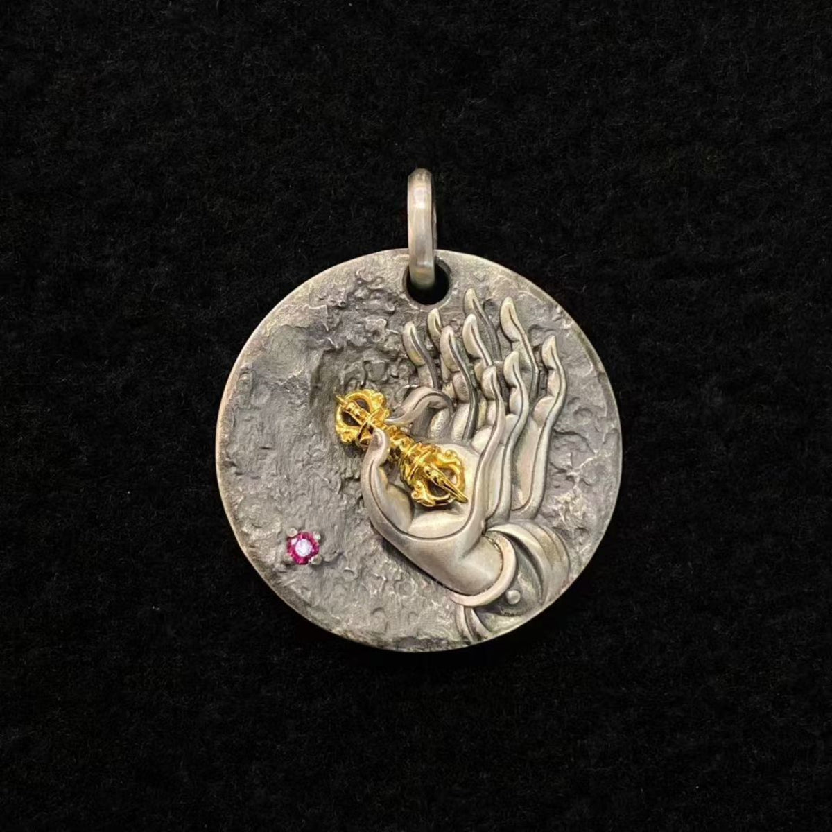 Tibetan Buddha Hand & Vajra Silver Pendant Necklace