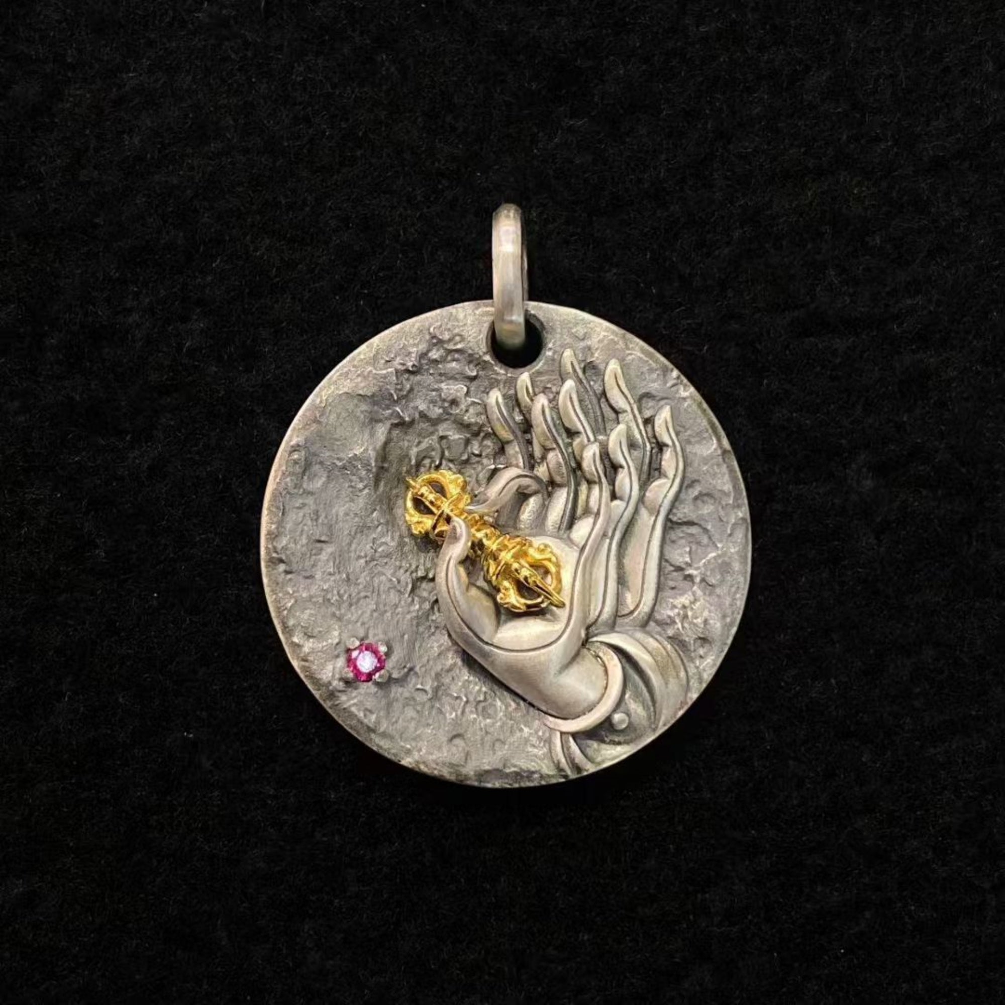 Tibetan Buddha Hand & Vajra Silver Pendant Necklace