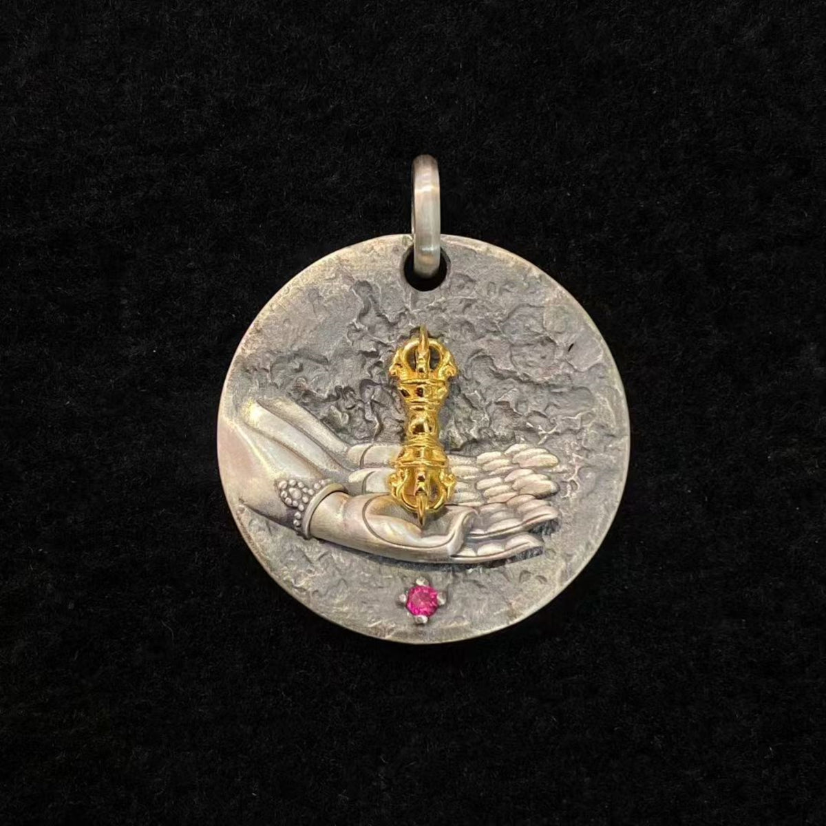 Tibetan Buddha Hand & Vajra Silver Pendant Necklace