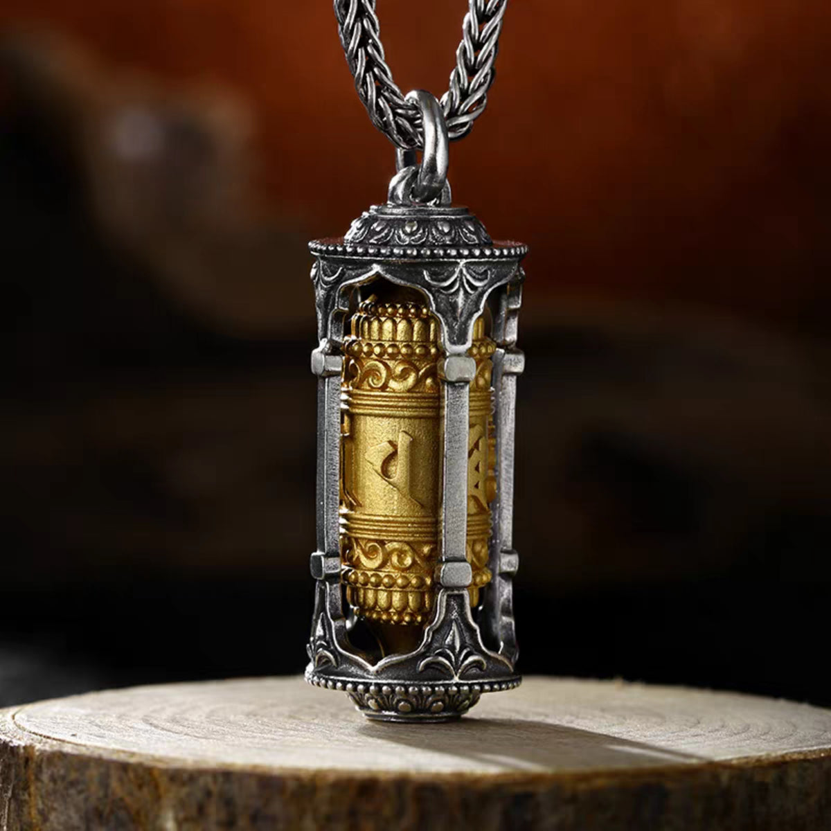 Tibetan Buddhist Six-Syllable Mantra Prayer Wheel Sterling Silver Pendant