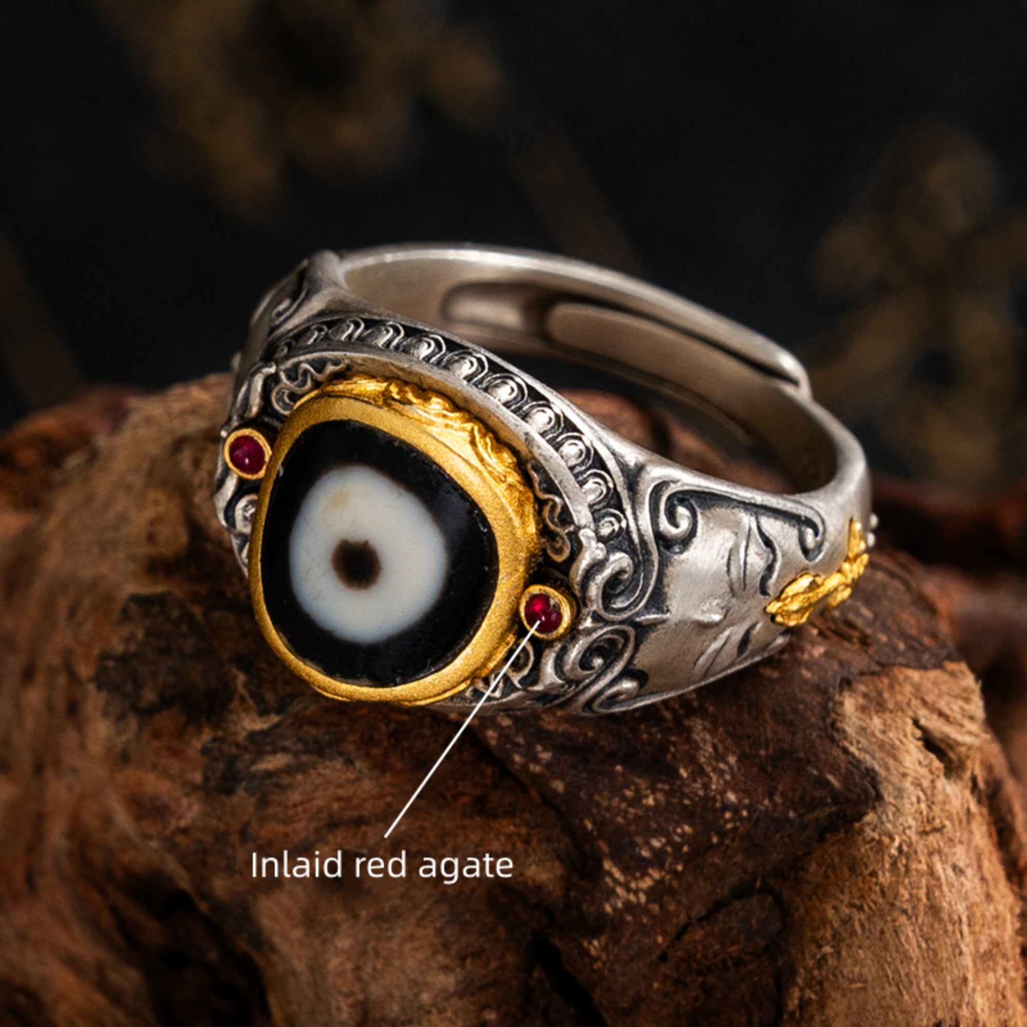 Tibetan Manjushri Dzi Bead Sterling Silver Adjustable Ring