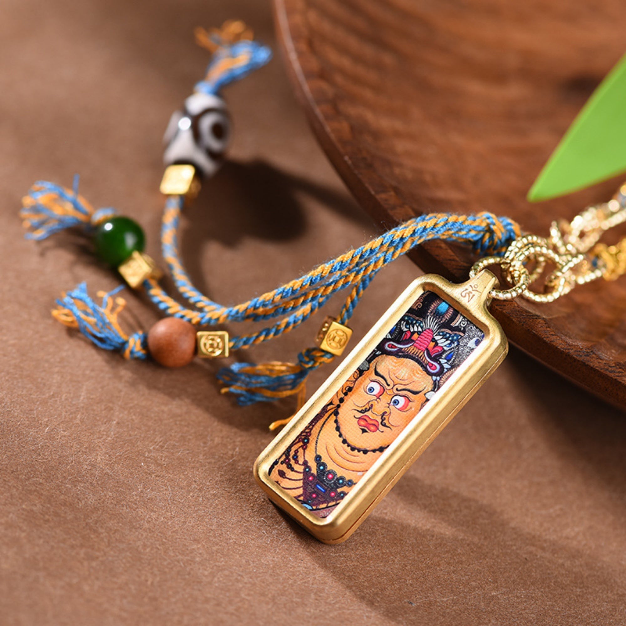 Tibetan Hand-Painted Yellow Wealth Deity Thangka Necklace