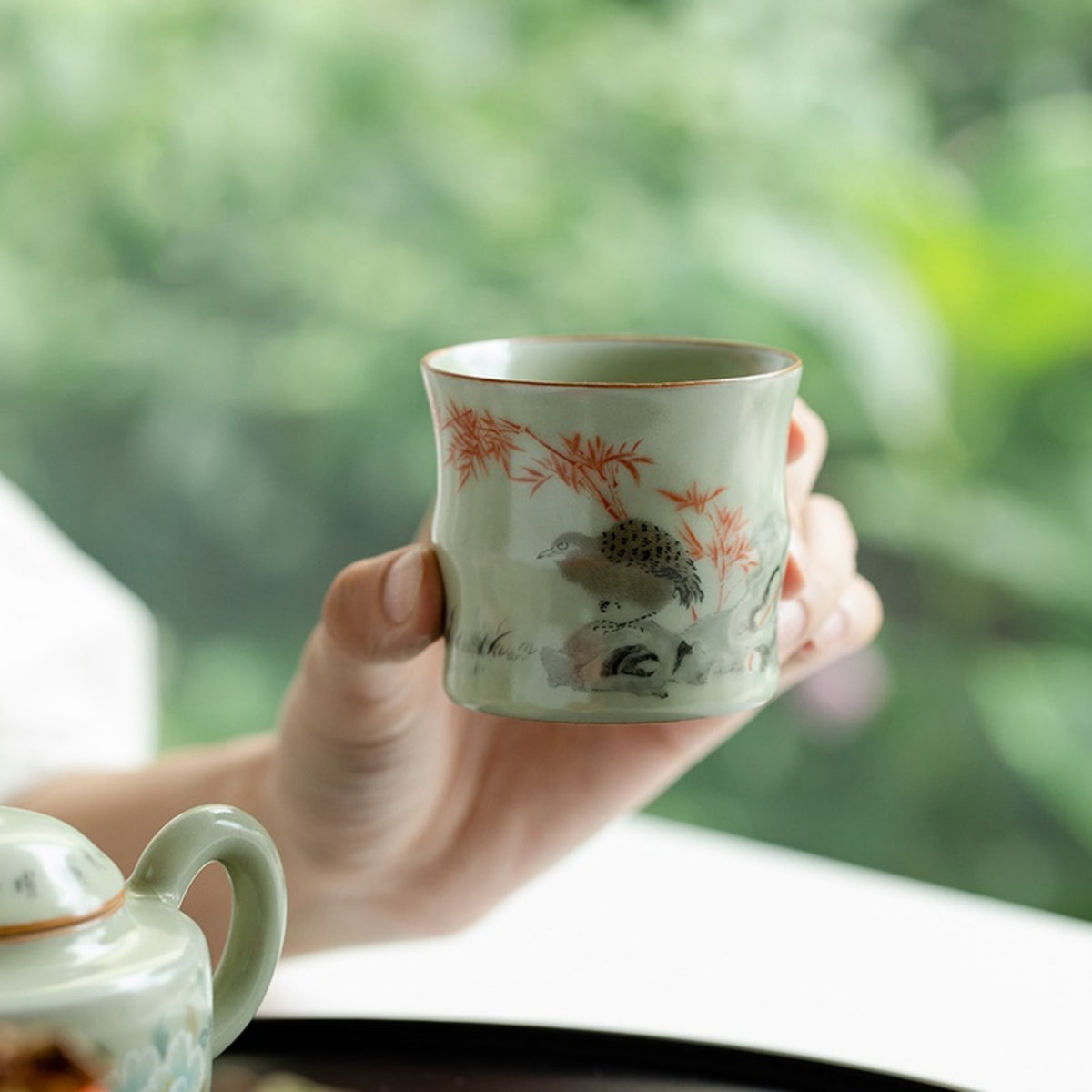 QiLing Aura Handmade Bamboo-Shaped Ru Kiln Ceramic Tea Cup