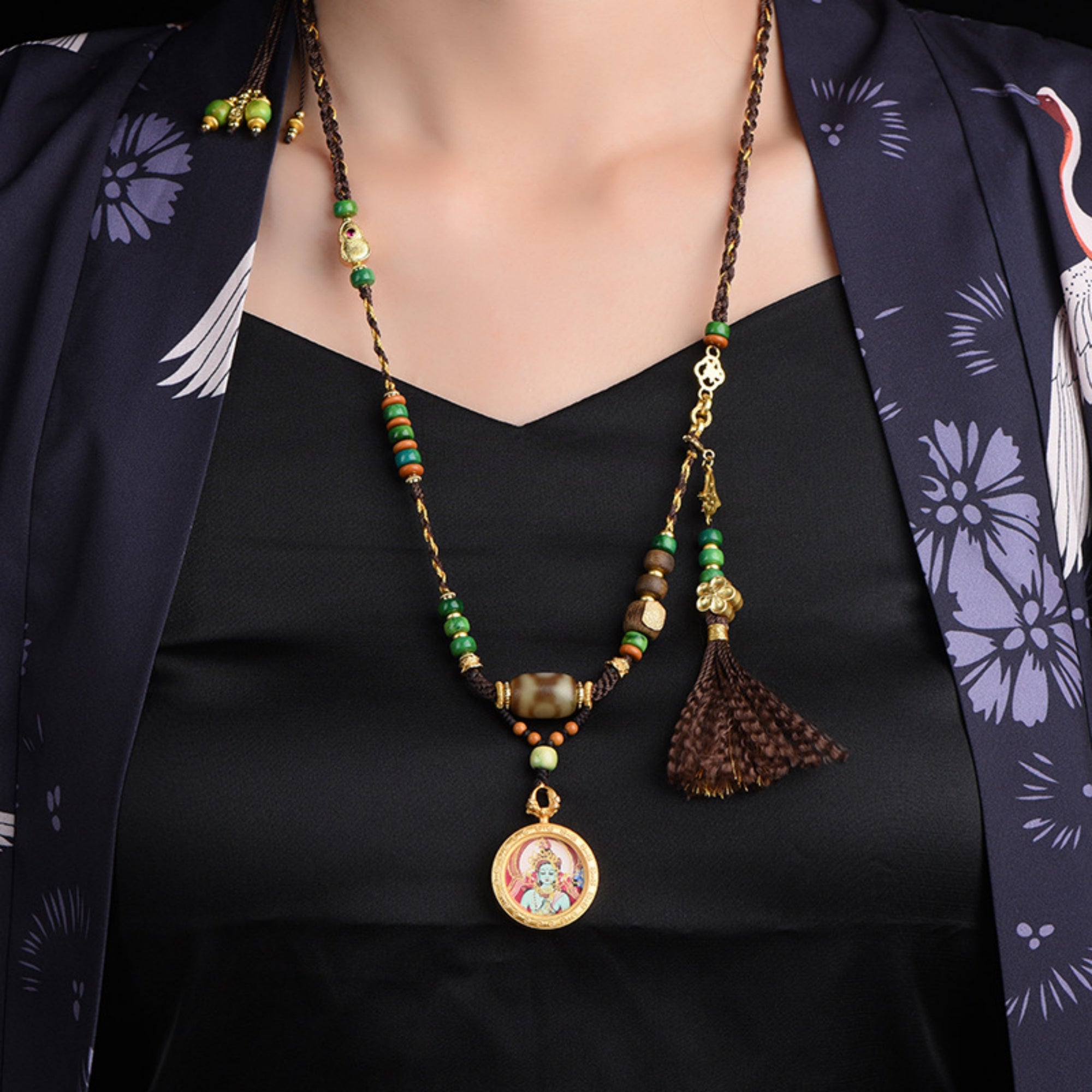 QiLing Aura Handcrafted Green Tara Thangka Necklace