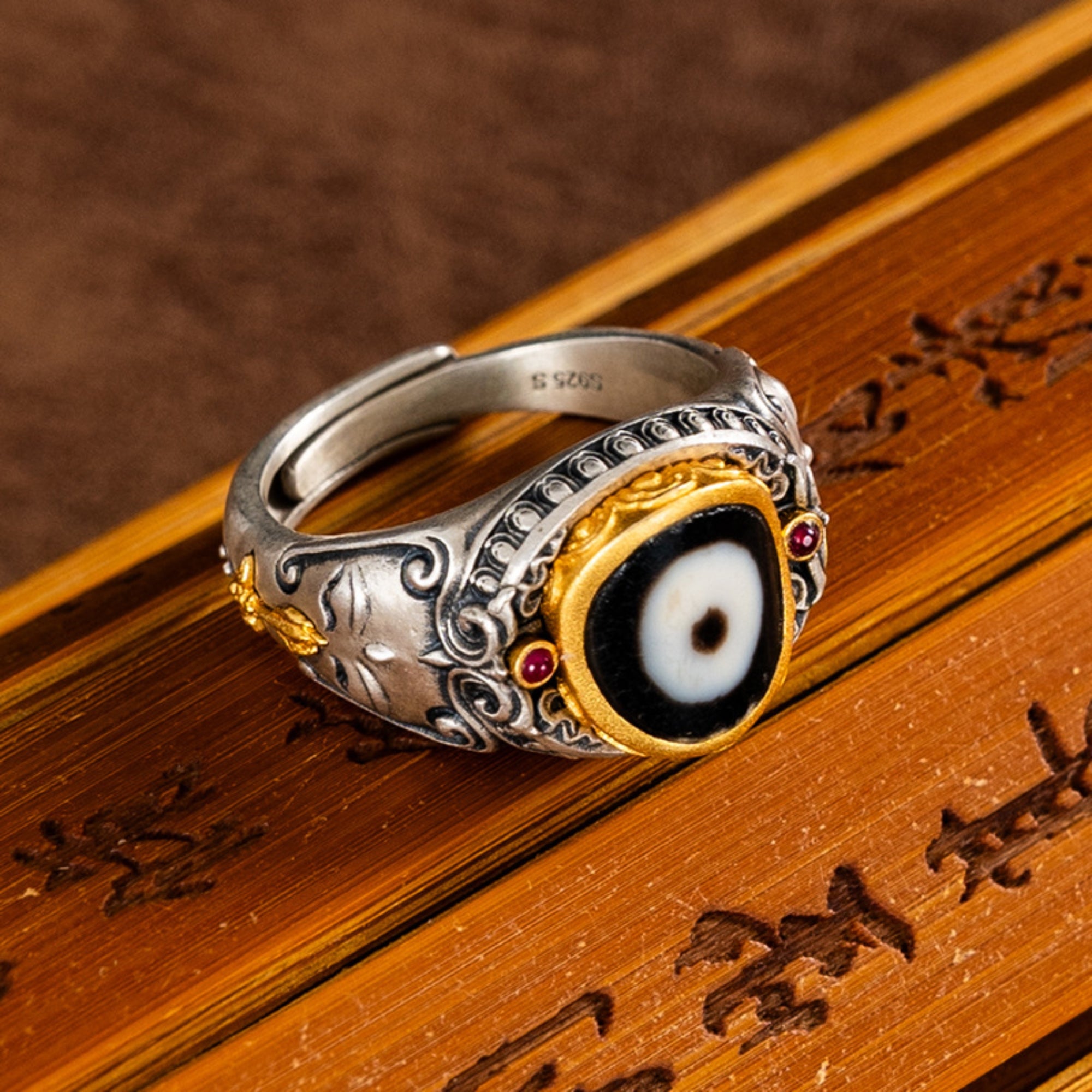 Tibetan Manjushri Dzi Bead Sterling Silver Adjustable Ring