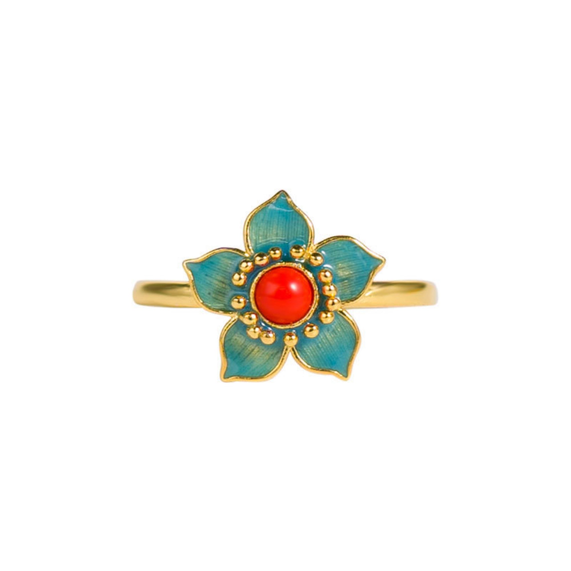 QiLing Aura Adjustable Gold-Plated Silver Hanfu Ring with Enamel Inlay
