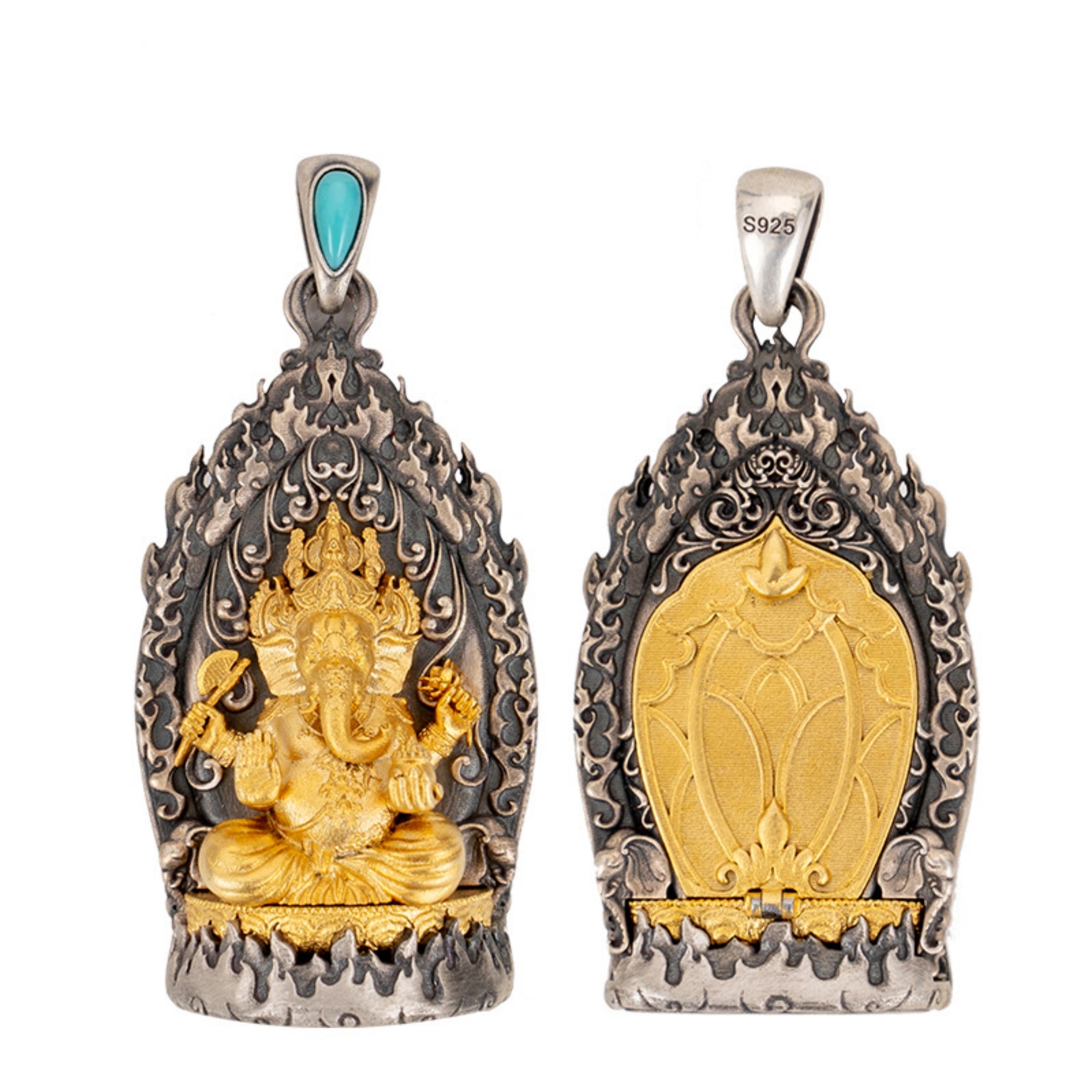 Tibetan Buddhist Ganesha Turquoise Sterling Silver Pendant