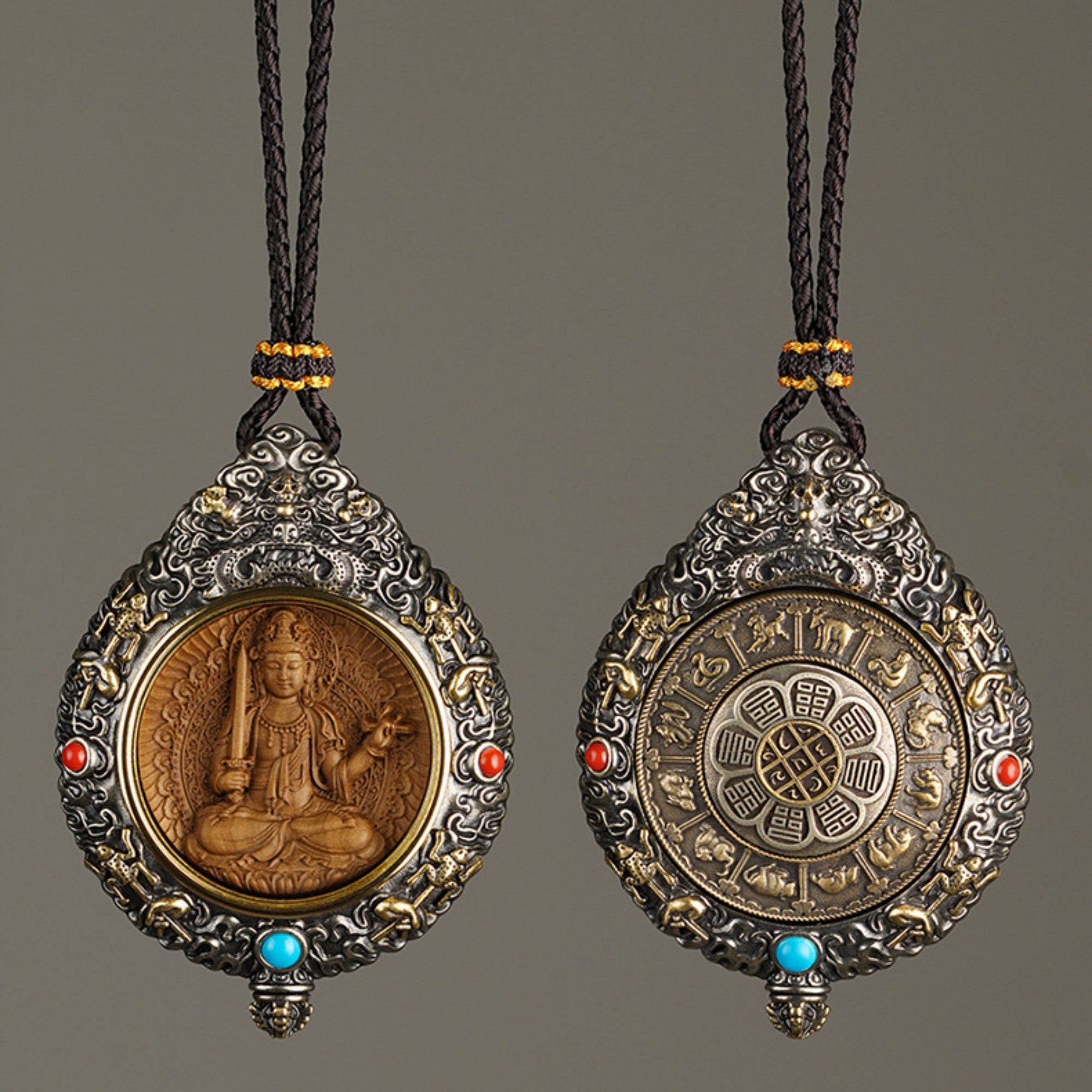 QiLing Aura Hand-Carved White Brass and Tibetan Silver Buddha Pendant Necklace with Sandalwood