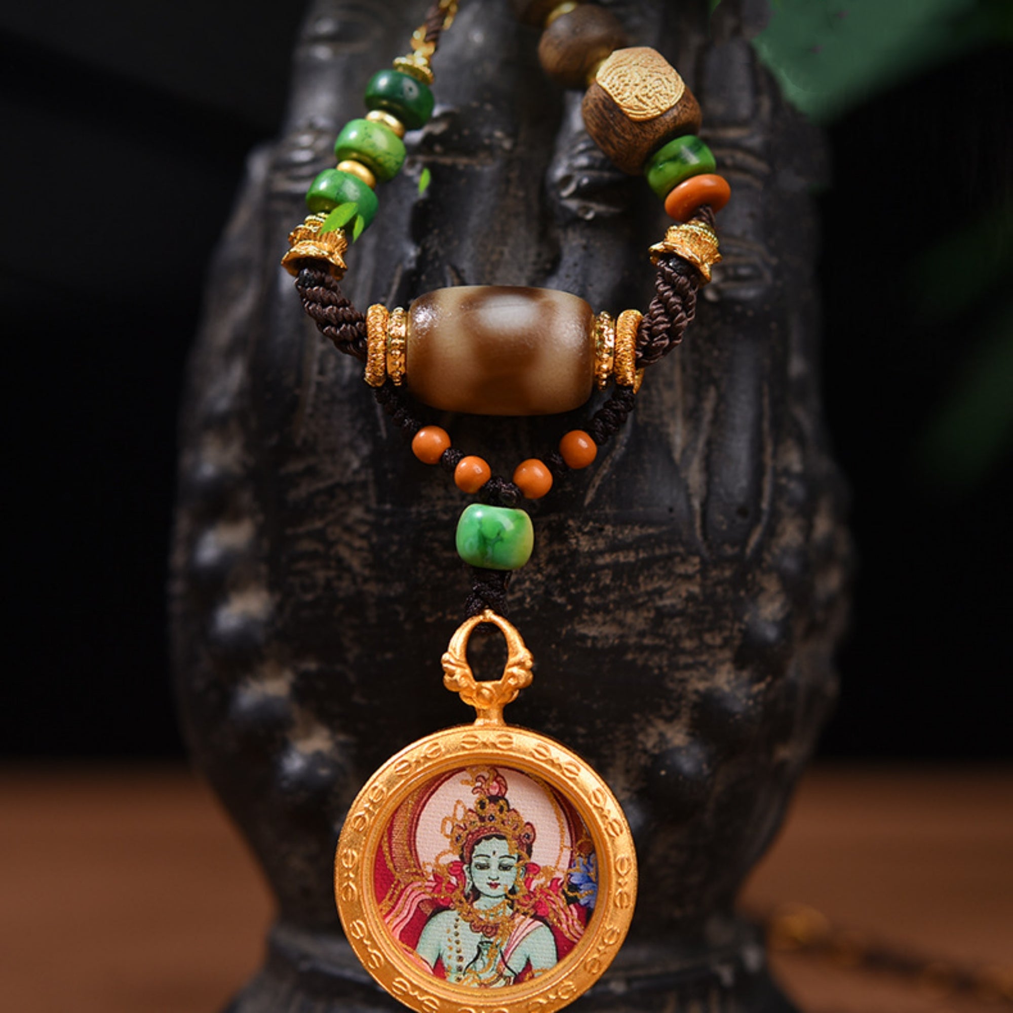 QiLing Aura Handcrafted Green Tara Thangka Necklace