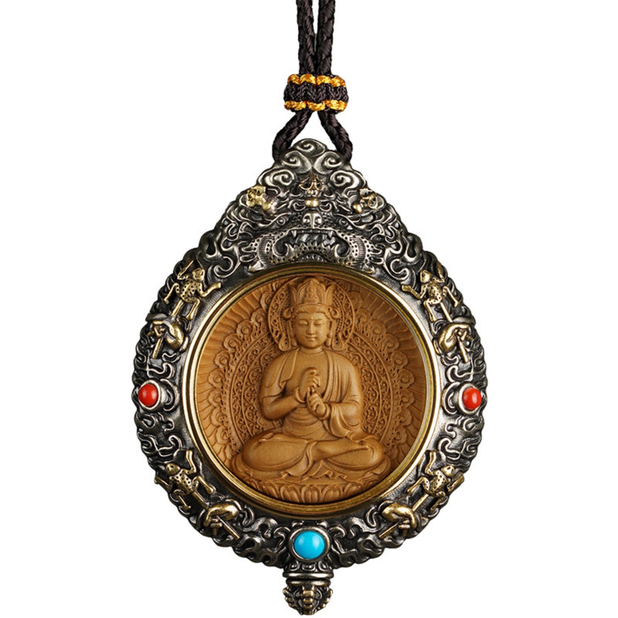 QiLing Aura Hand-Carved White Brass and Tibetan Silver Buddha Pendant Necklace with Sandalwood