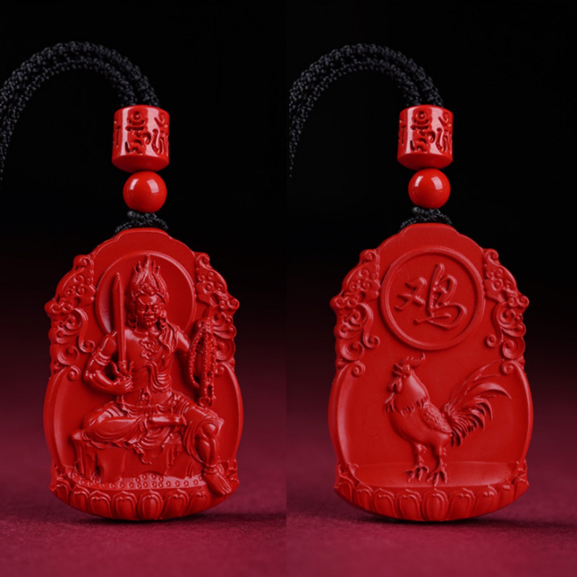 QiLing Aura Hand-Carved Zodiac Buddha Pendant Necklace in Cinnabar