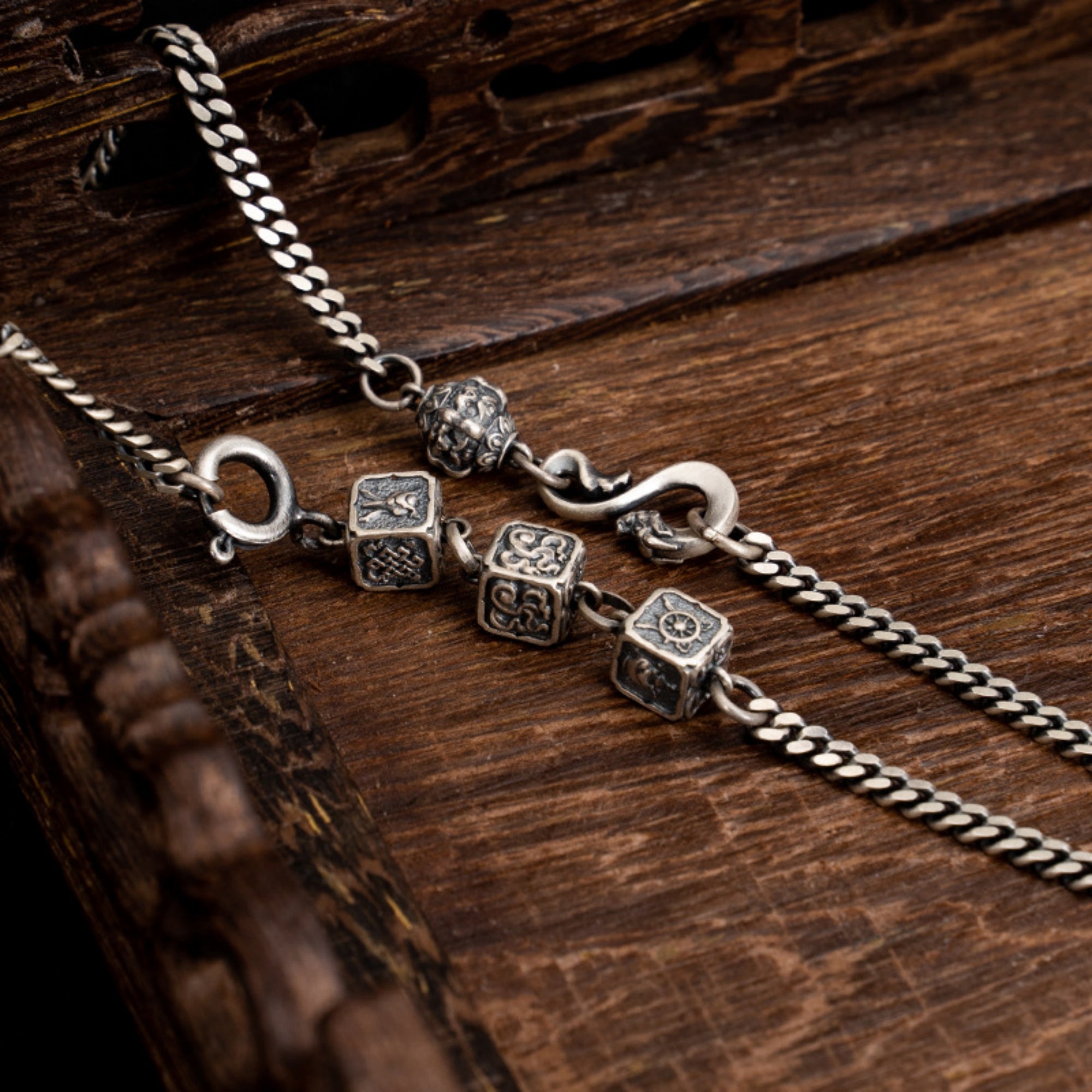 Eight Auspicious Symbols Sterling Silver Tibetan Buddhist Necklace