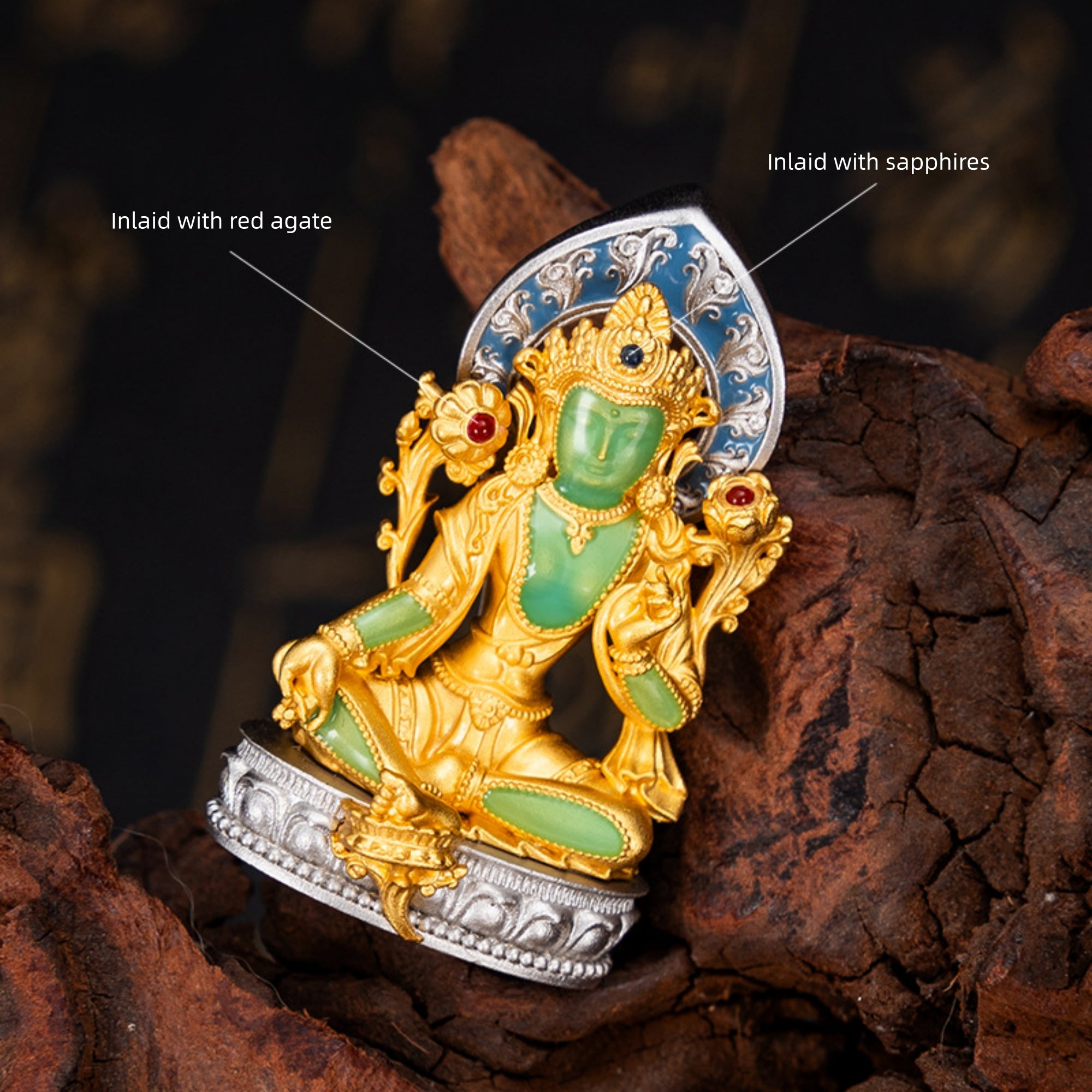 Green Tara Enameled Sterling Silver Hollow Amulet Pendant