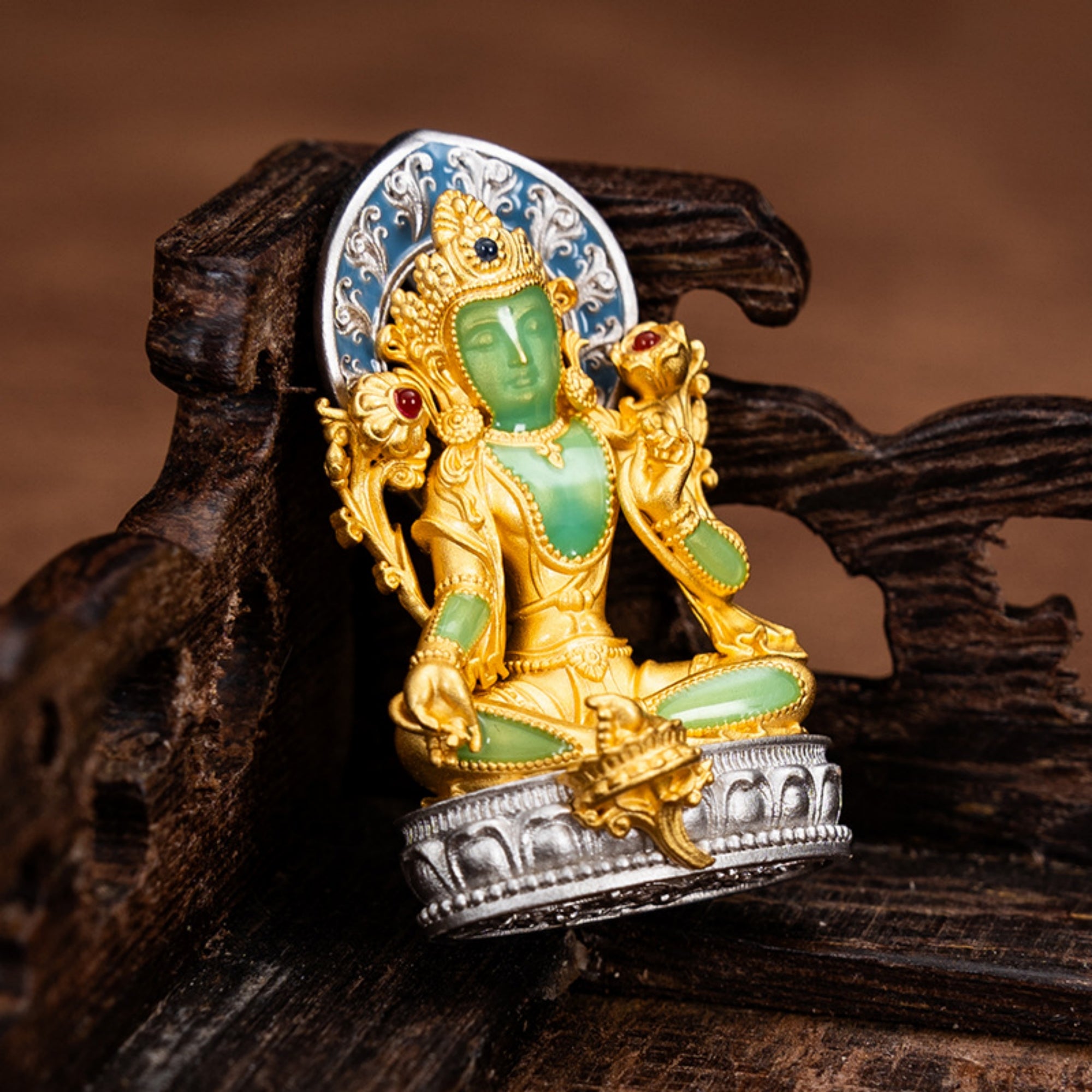 Green Tara Enameled Sterling Silver Hollow Amulet Pendant