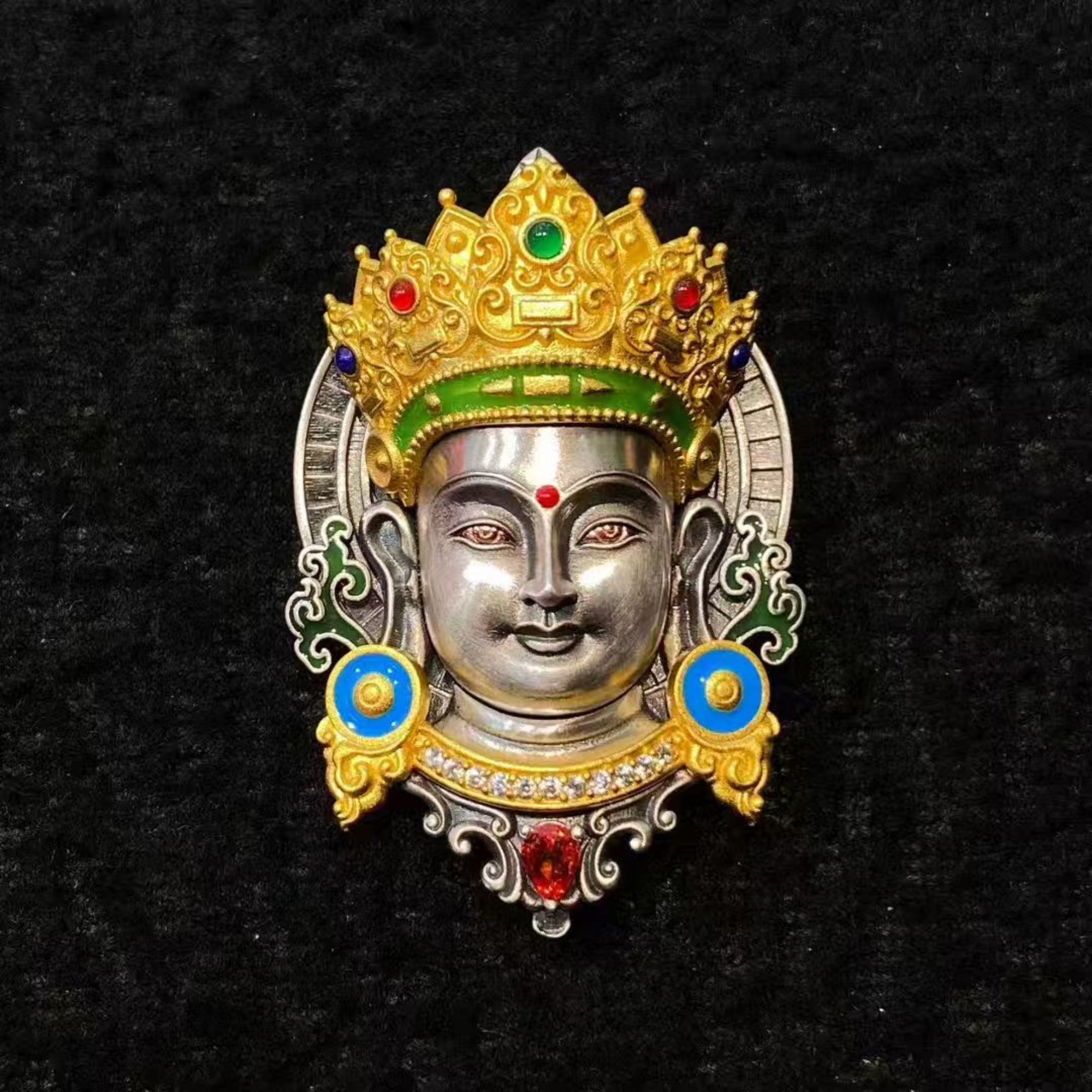 Green Tara Sterling Silver Crystal Enamel Amulet Pendant