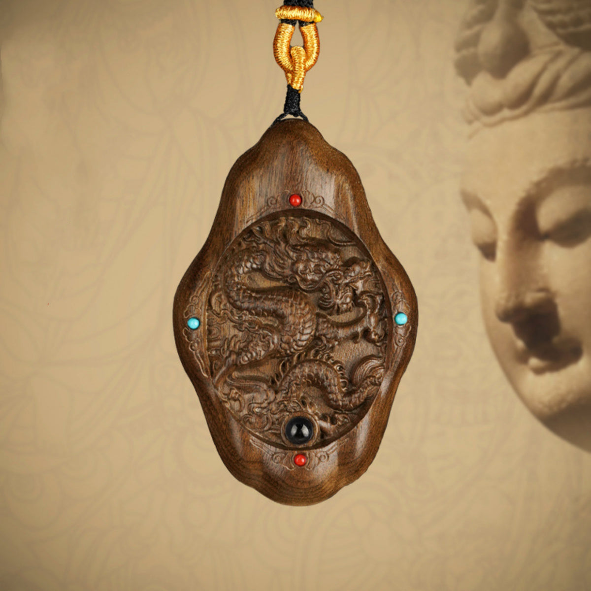 Hand-Carved JinSi Nanmu Eastern Dragon Pendant Necklace