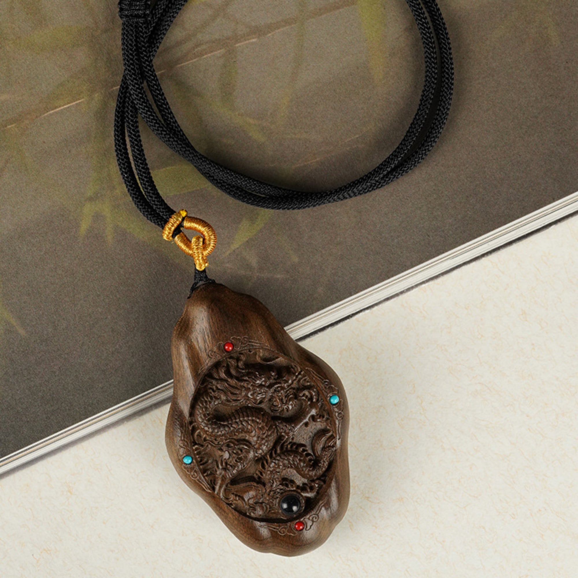 Hand-Carved JinSi Nanmu Eastern Dragon Pendant Necklace