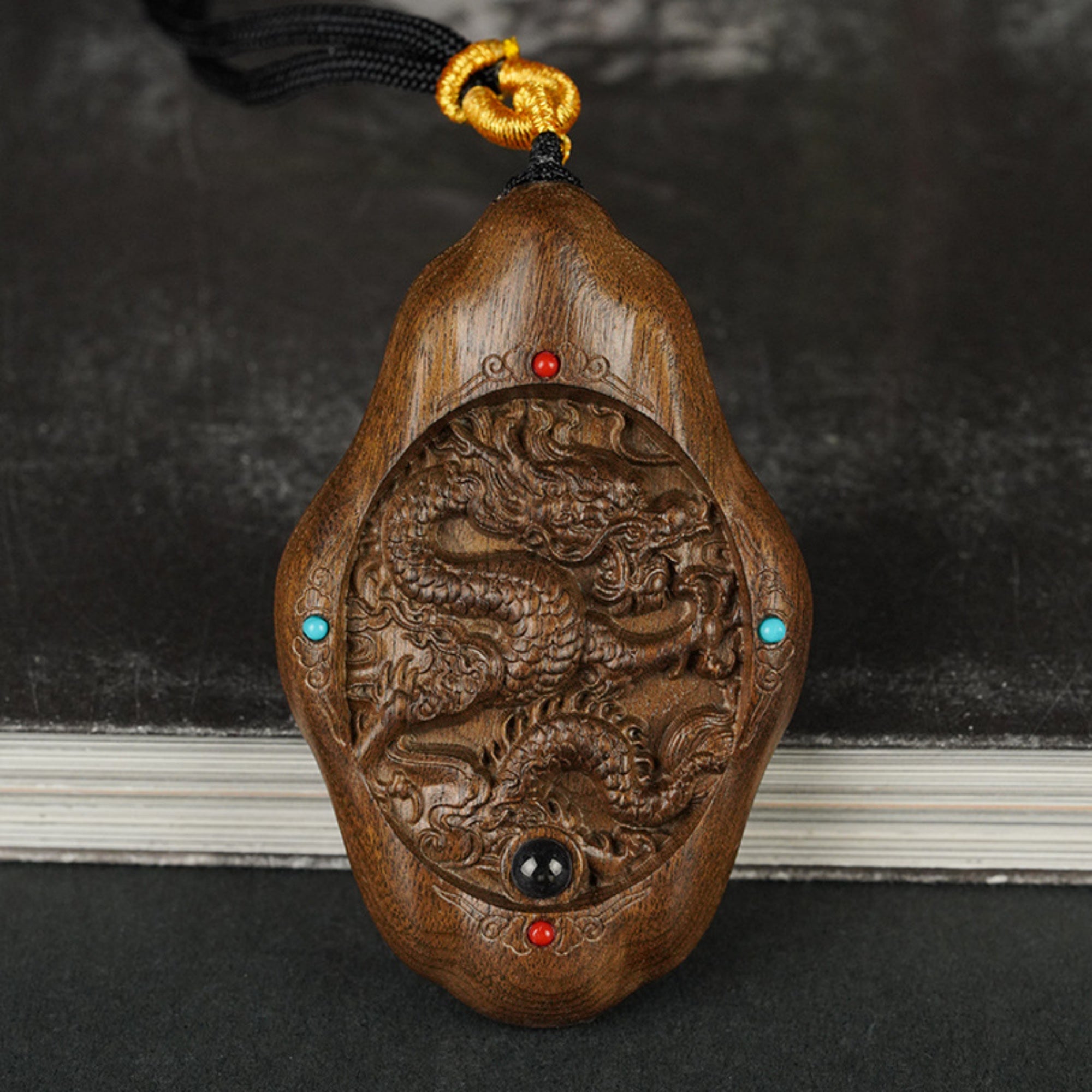 Hand-Carved JinSi Nanmu Eastern Dragon Pendant Necklace