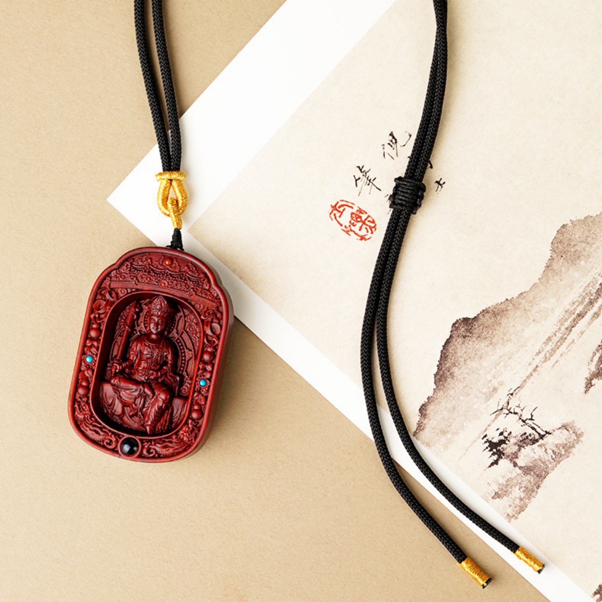 Hand-Carved Sandalwood Zodiac Guardian Buddha Shrine Pendant Necklace