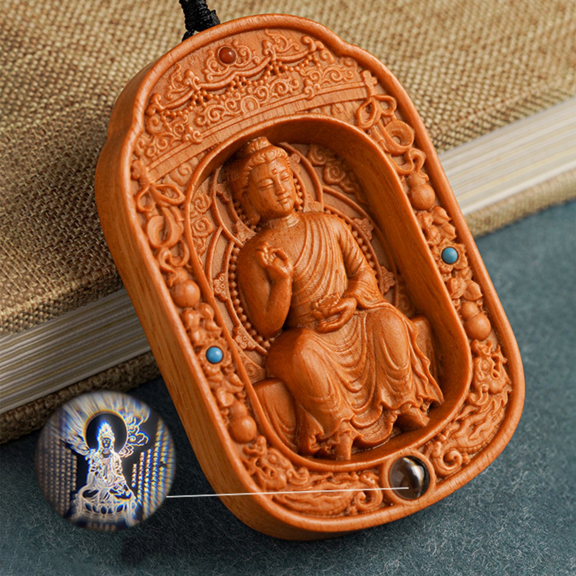 Hand-Carved Sandalwood Zodiac Guardian Buddha Shrine Pendant Necklace