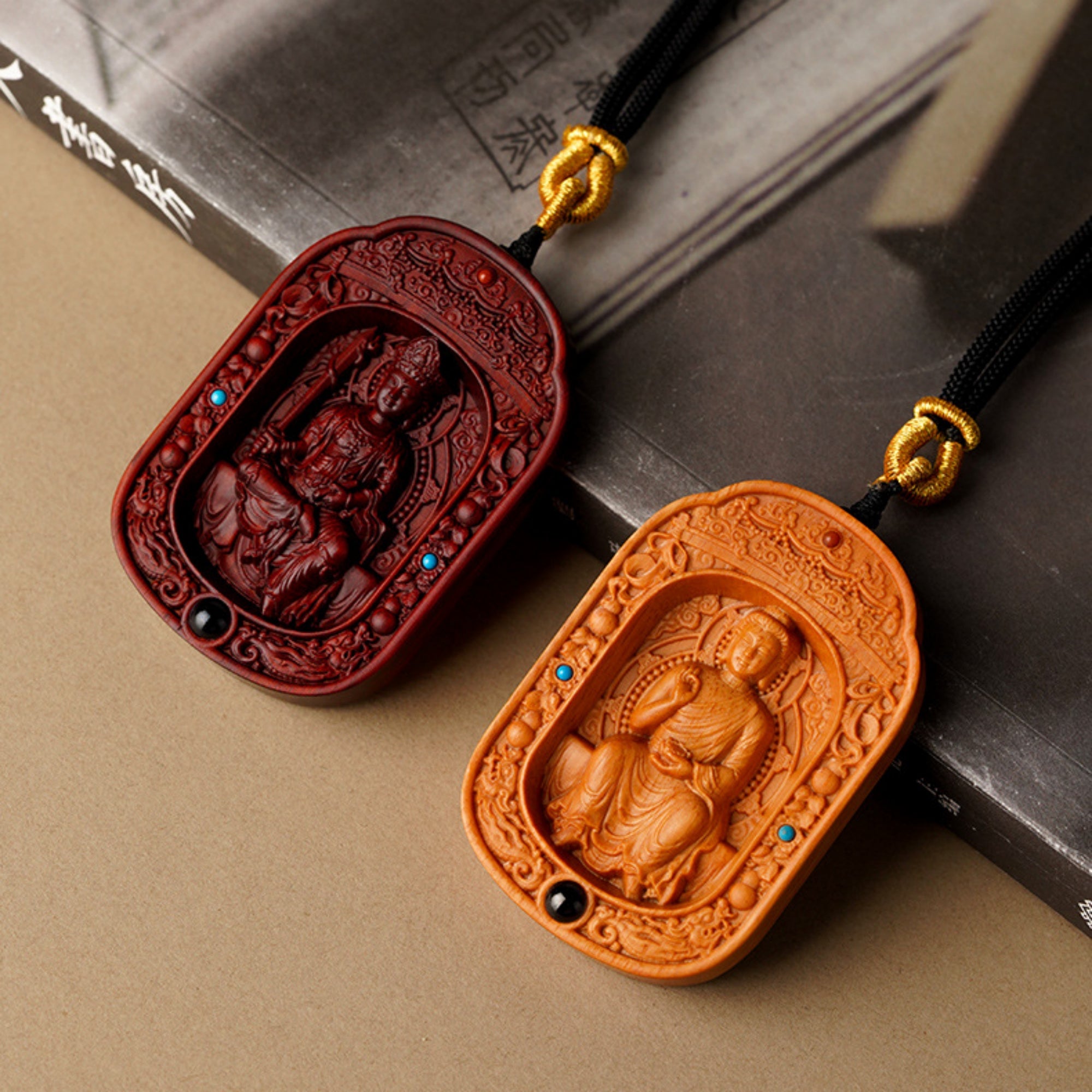 Hand-Carved Sandalwood Zodiac Guardian Buddha Shrine Pendant Necklace