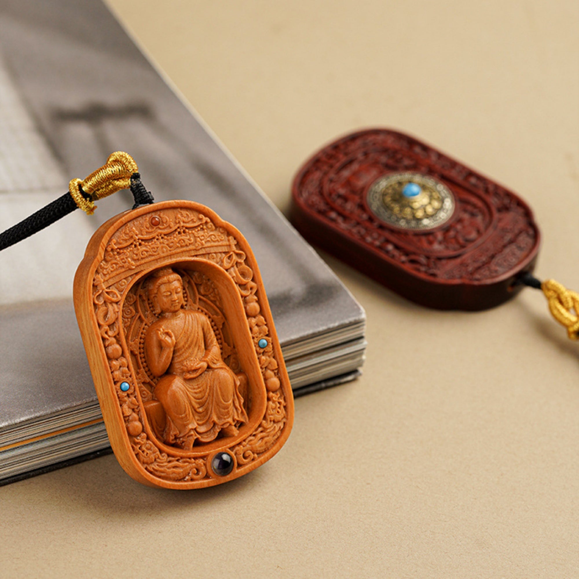 Hand-Carved Sandalwood Zodiac Guardian Buddha Shrine Pendant Necklace