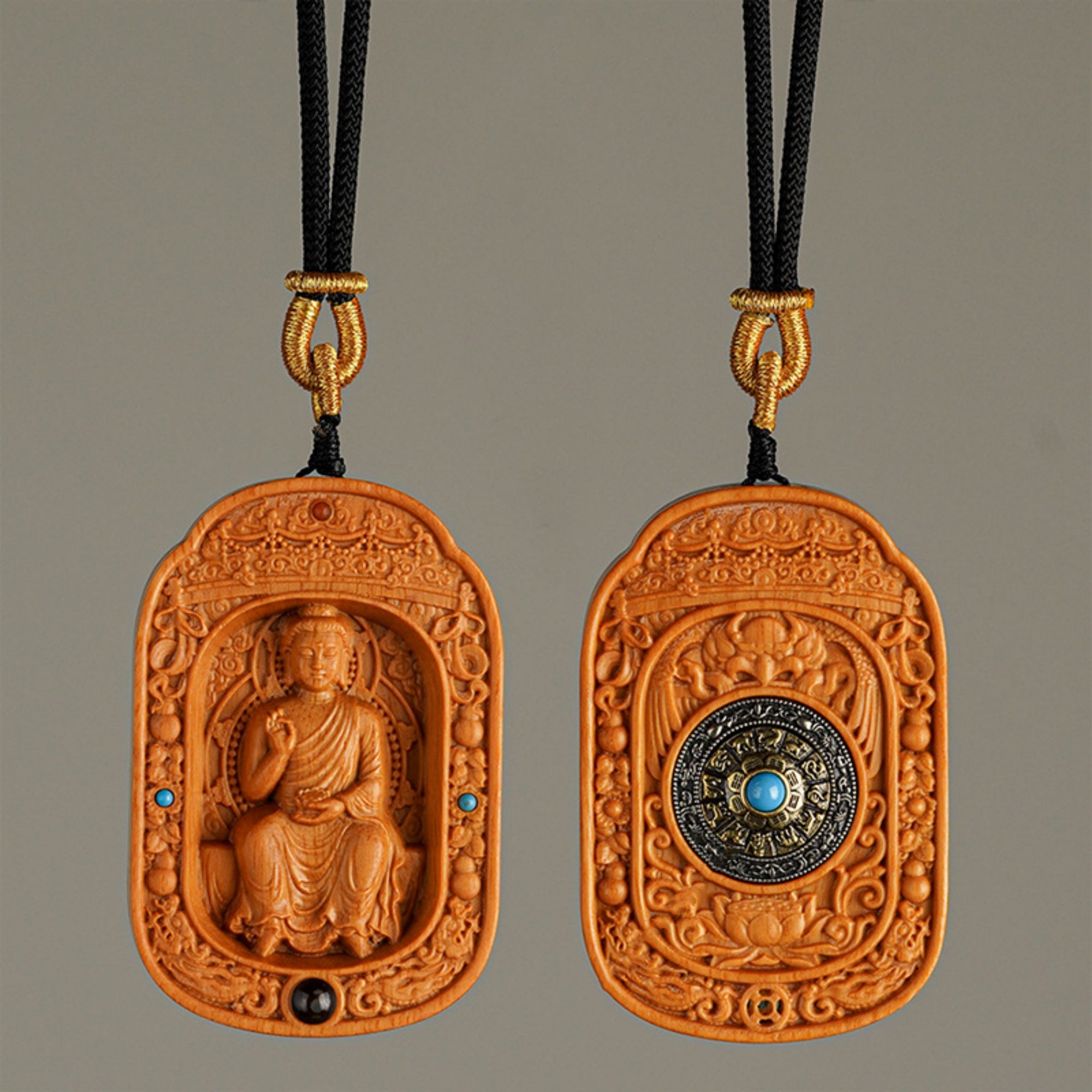 Hand-Carved Sandalwood Zodiac Guardian Buddha Shrine Pendant Necklace