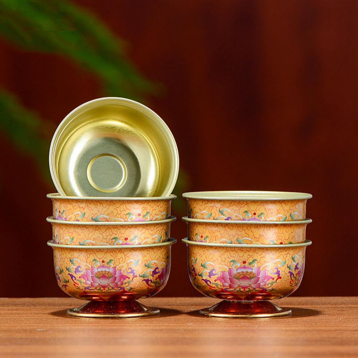 Hand-Painted Tibetan Brass Water Offering Bowls – Set of 7