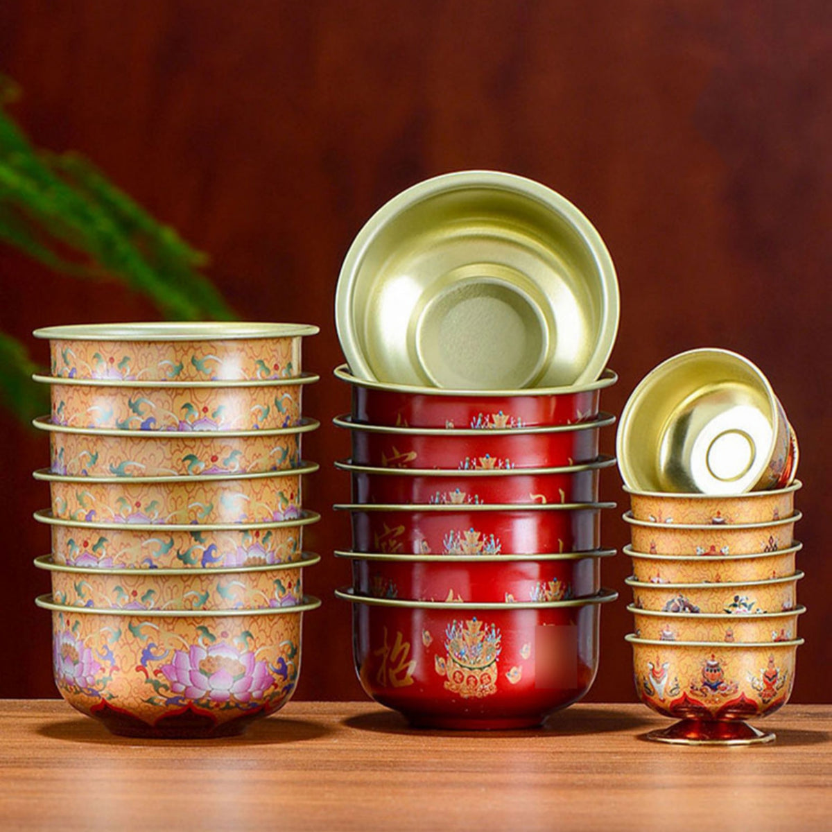 Hand-Painted Tibetan Brass Water Offering Bowls – Set of 7
